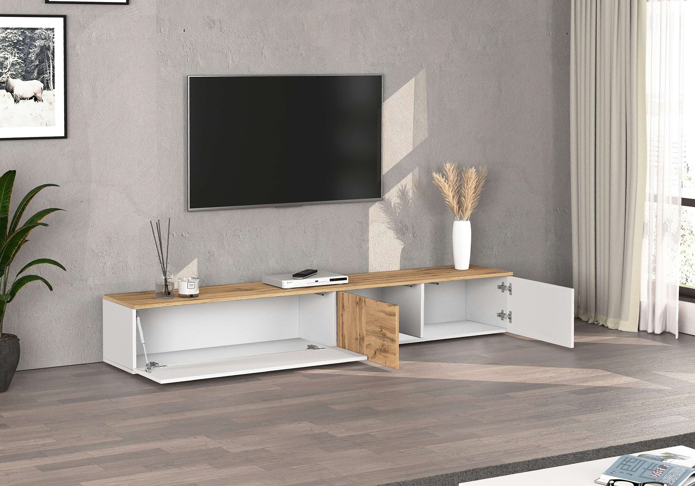 OTTO home Lowboard »ISEO, TV-Kommode,TV-Möbel,TV-Bank, 3 Fächer, Breite 200 cm« 1 Stk. tlg. stehend/hängend, 1 Klappe, 2 Türen Hochglanz lackiert, Made in Italy