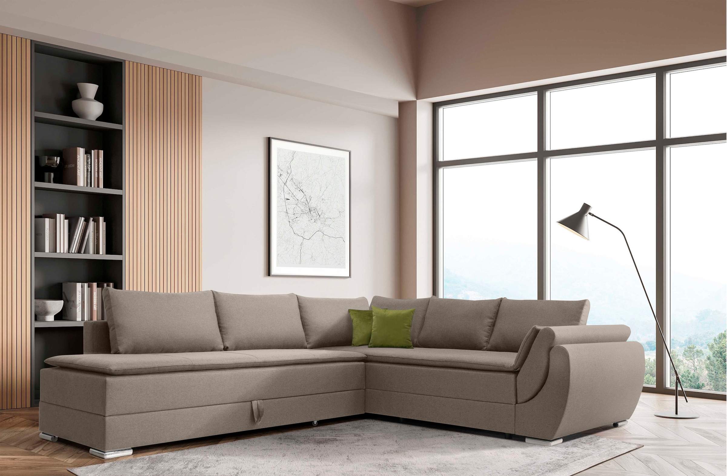 INOSIGN Ecksofa »Göteborg«, mit Boxspring-Bettfunktion und Bettkasten, Dauerschlaffunktion, Topper