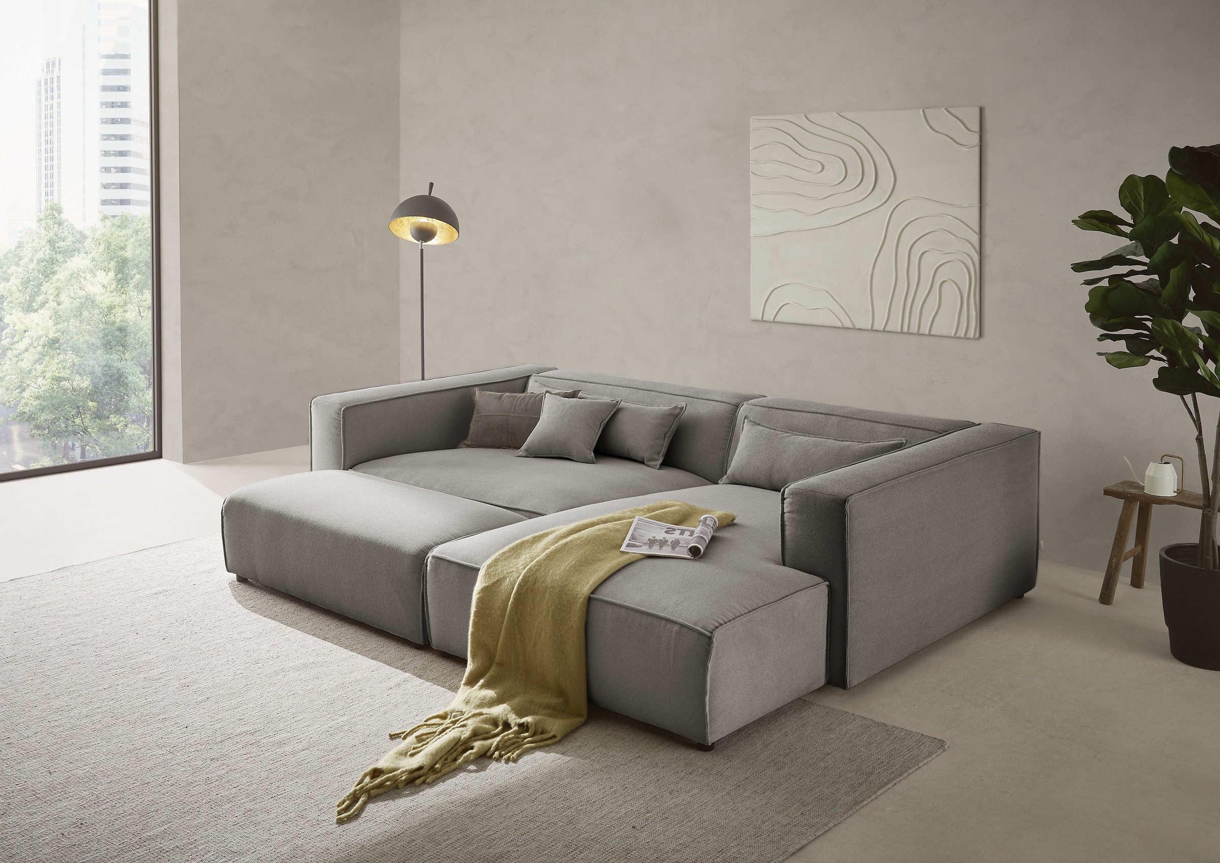 LeGer Home by Lena Gercke Polsterecke »PIARA XXL, L-Form mit Schlaffunktion, Big-Sofa in Cord o. Leinenoptik«, Hocker stellbar zum Schlafsofa (Krokodilverbinder), tiefe Sitzfläche