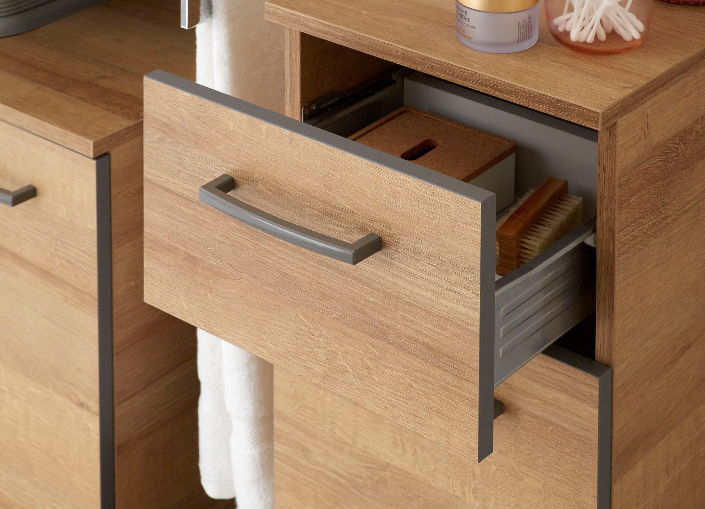 Saphir Unterschrank »Quickset 919 Badschrank mit 1 Tür, 1 Schublade, 30 cm breit«, Badezimmermöbel, Riviera Eiche quer Nachbildung, Griffe in Grau