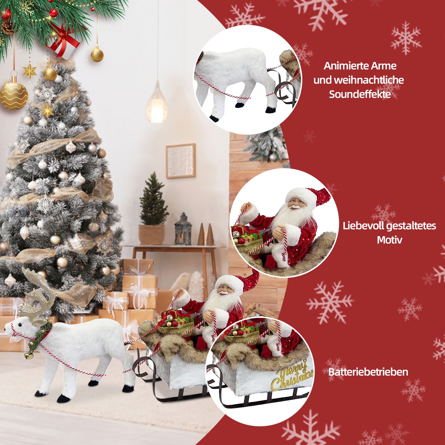 SHX Weihnachtsmann »Animierter Rentierschlitten mit Weihnachtsmann«, Bewegung, Soundeffekte