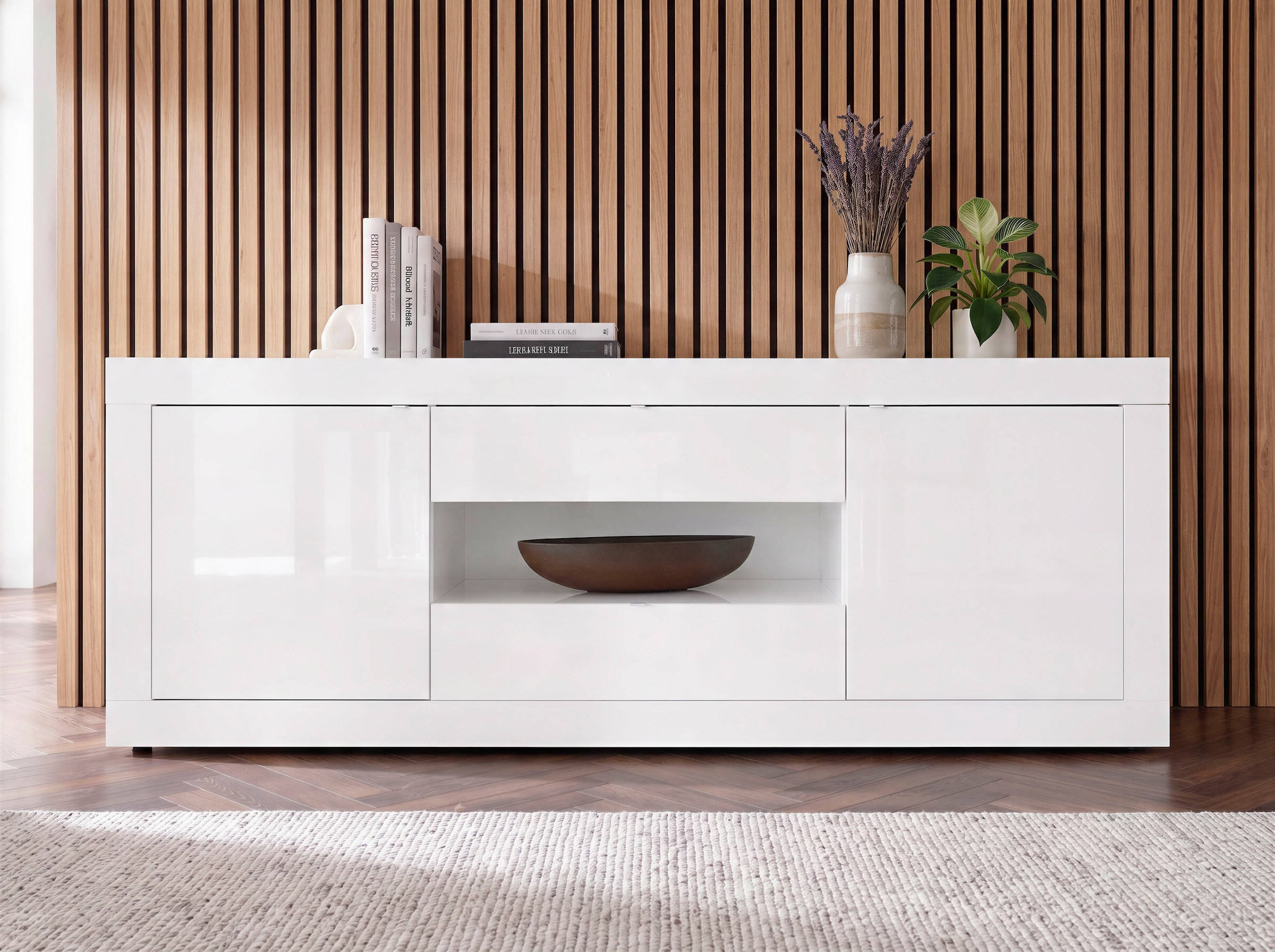Home affaire Sideboard »Basic Breite 240 cm, Kommode 2 Türen, 2 Schubkästen, Anrichte,« Weiss HochglanzLack, Metallgriff, moderne Rahmenoptik, viel Stauraum,