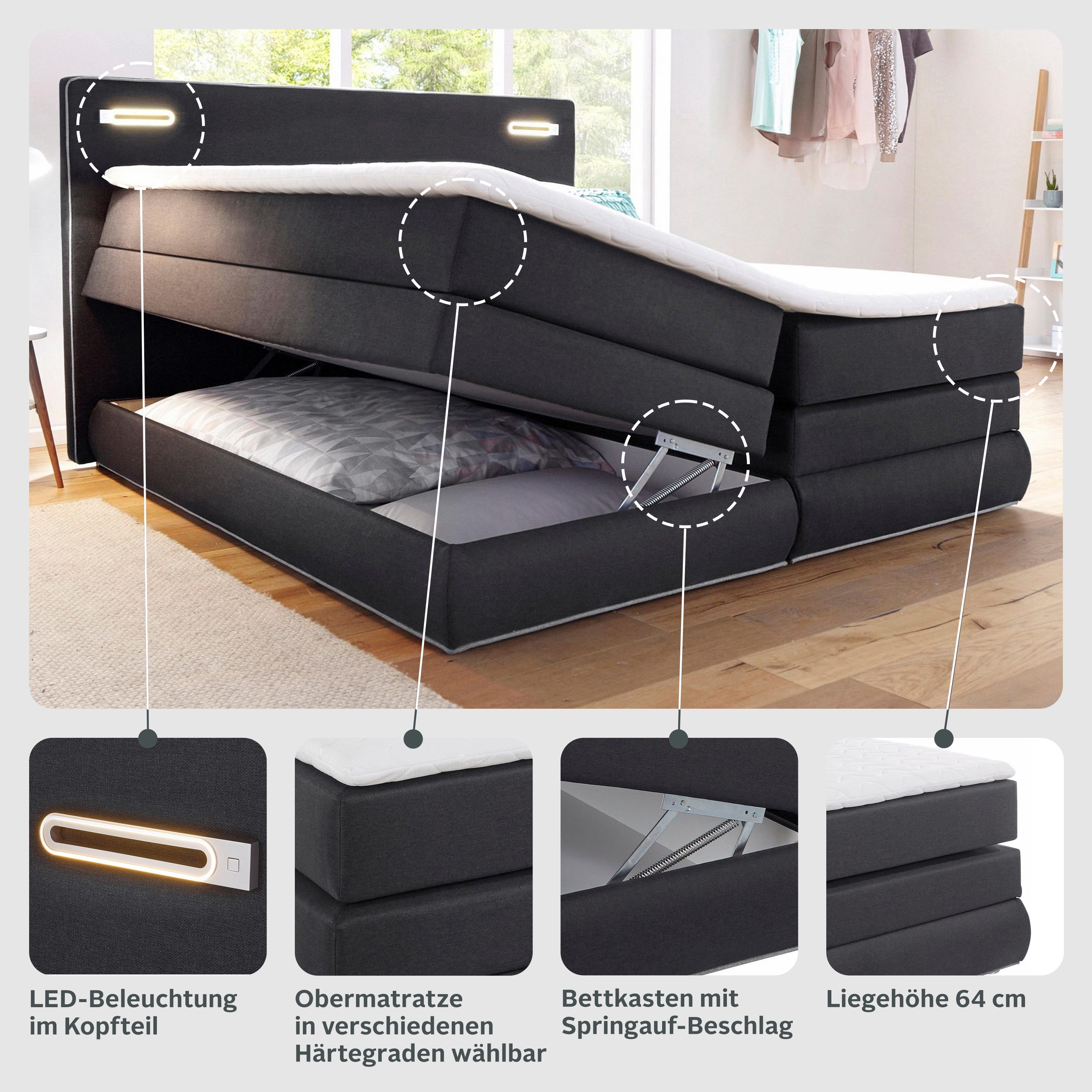 COLLECTION AB Boxspringbett »Rubona«, inkl. Bettkasten, LED-Beleuchtung und Topper