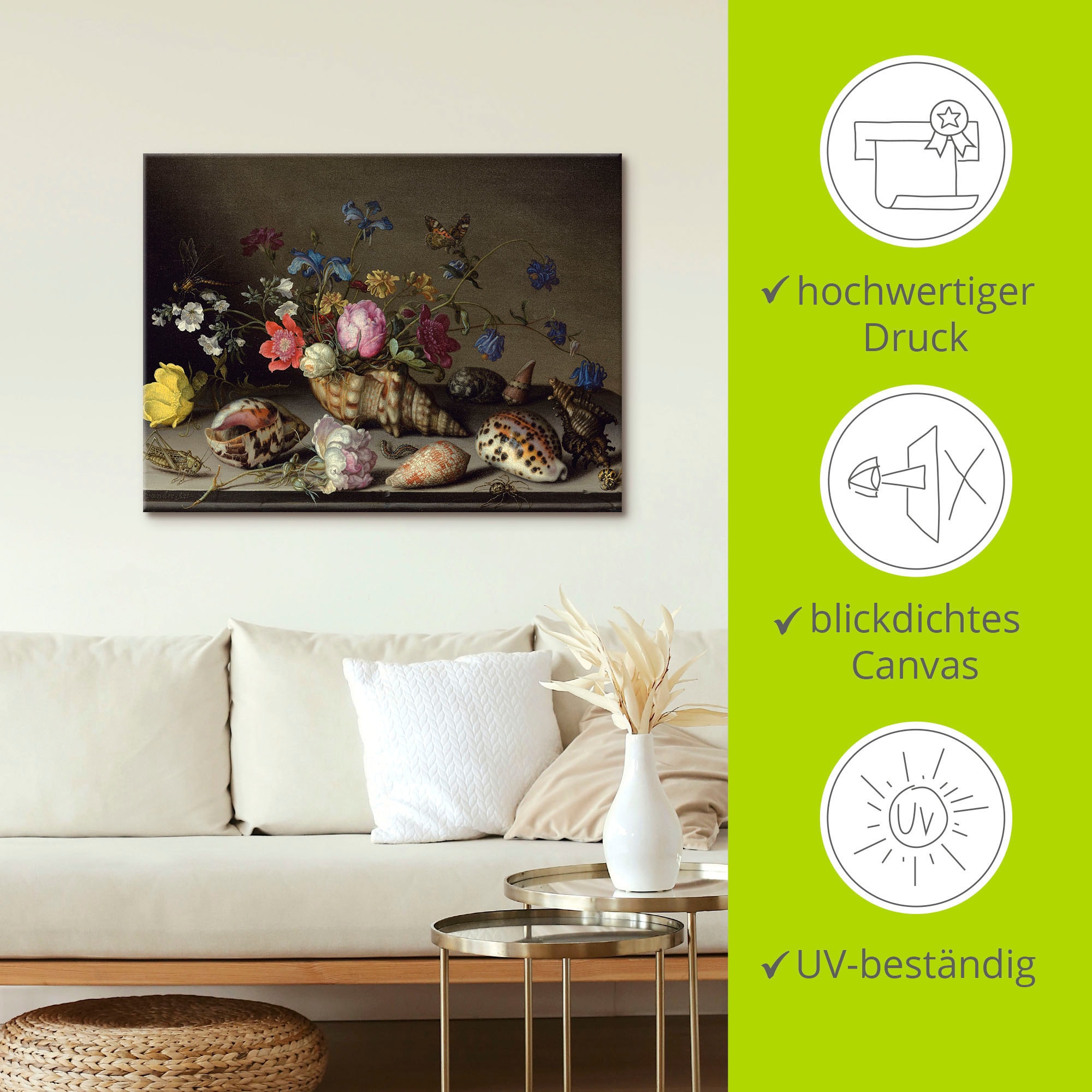 Artland Leinwandbild »Blumen, Muscheln und Insekten«, Arrangements, (1 St.), auf Keilrahmen gespannt