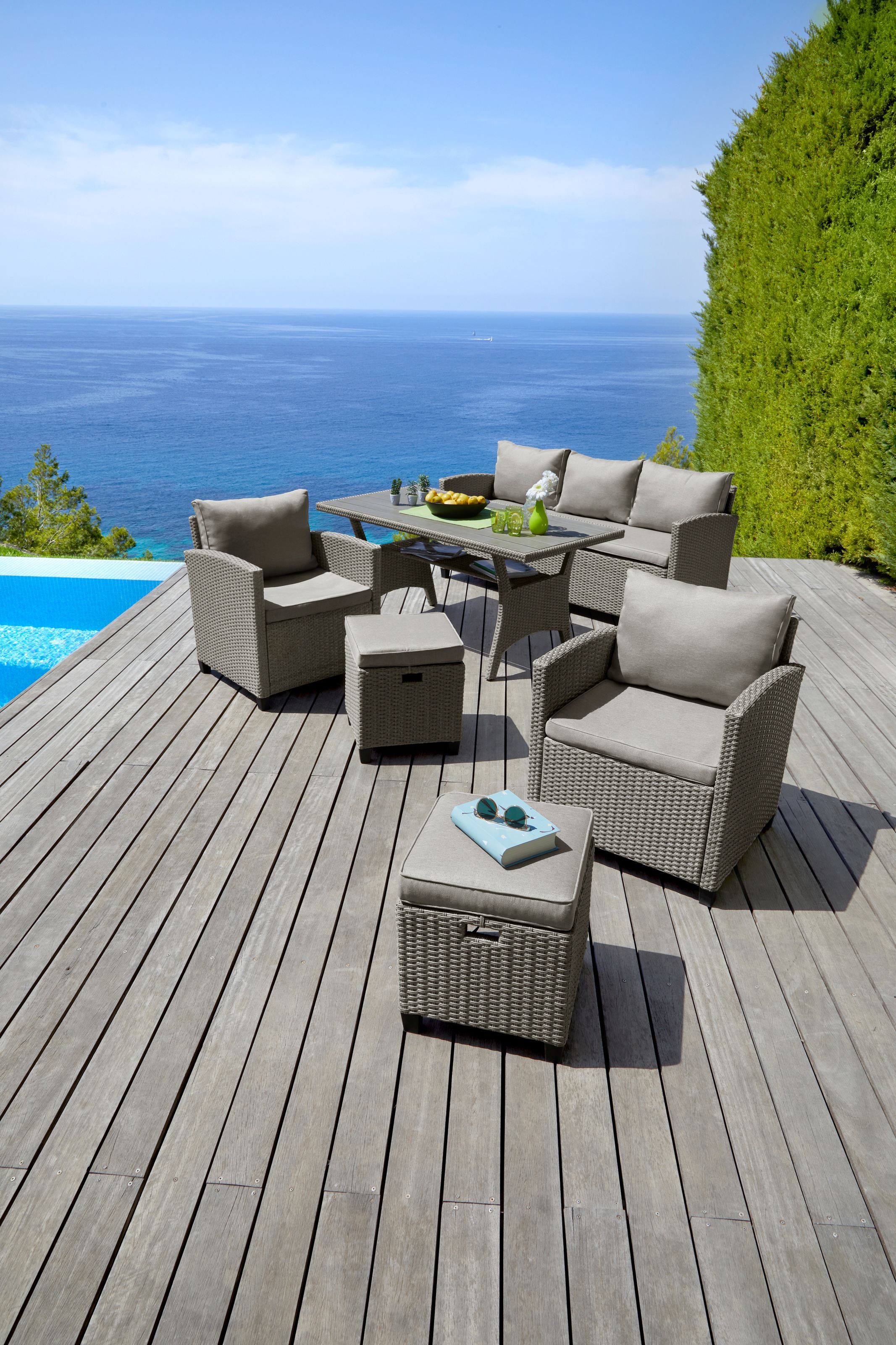 KONIFERA Gartenlounge-Set »Amsterdam«, (16 tlg.), 3er Sofa, 2 Sessel, 2 Hocker, Tisch, Polyrattan