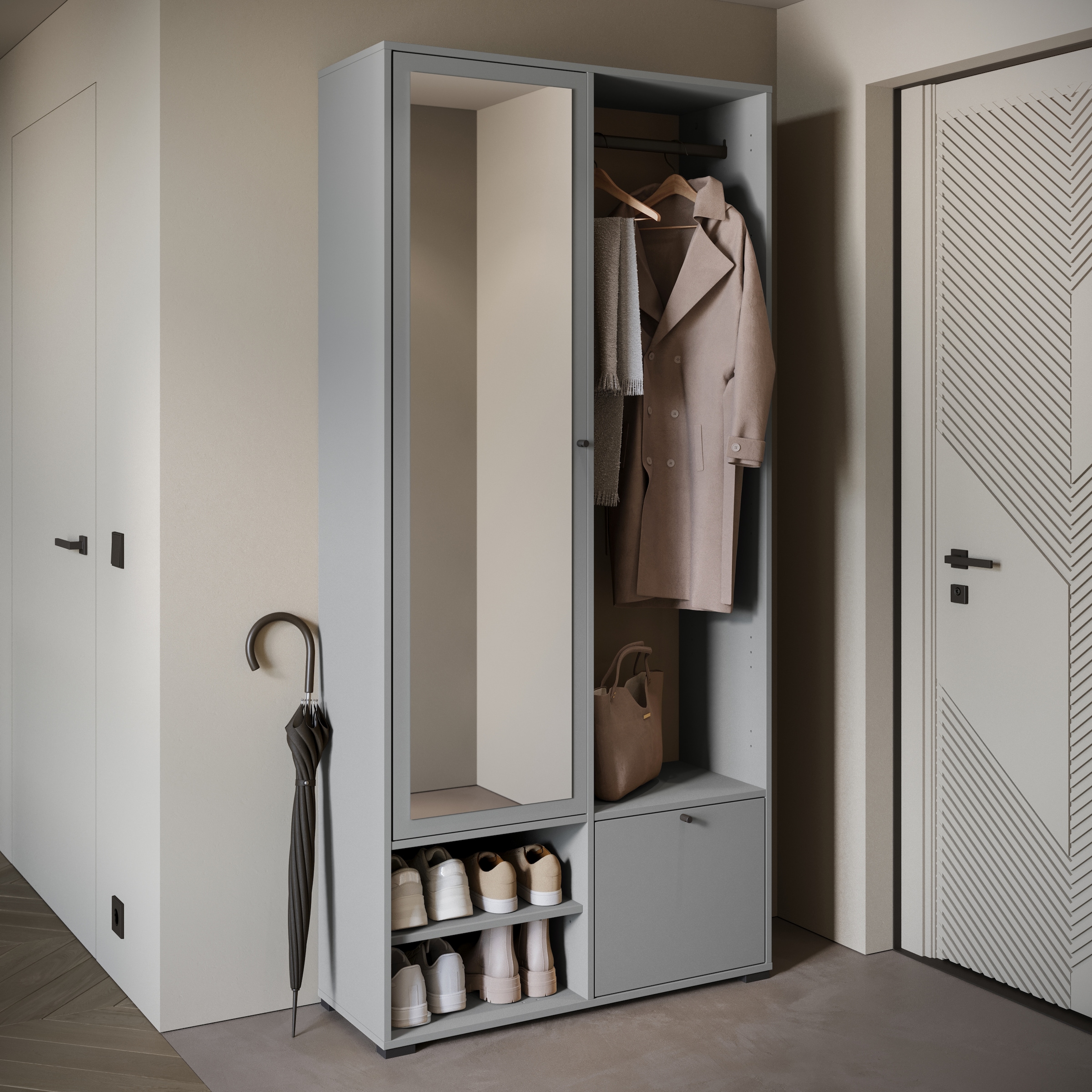 INOSIGN Garderobenschrank »DINO Kompaktgarderobe, Garderoben-Set DINO«, Mit Spiegel und Kleiderstange, 90 cm breit, Türanschlag wechselbar