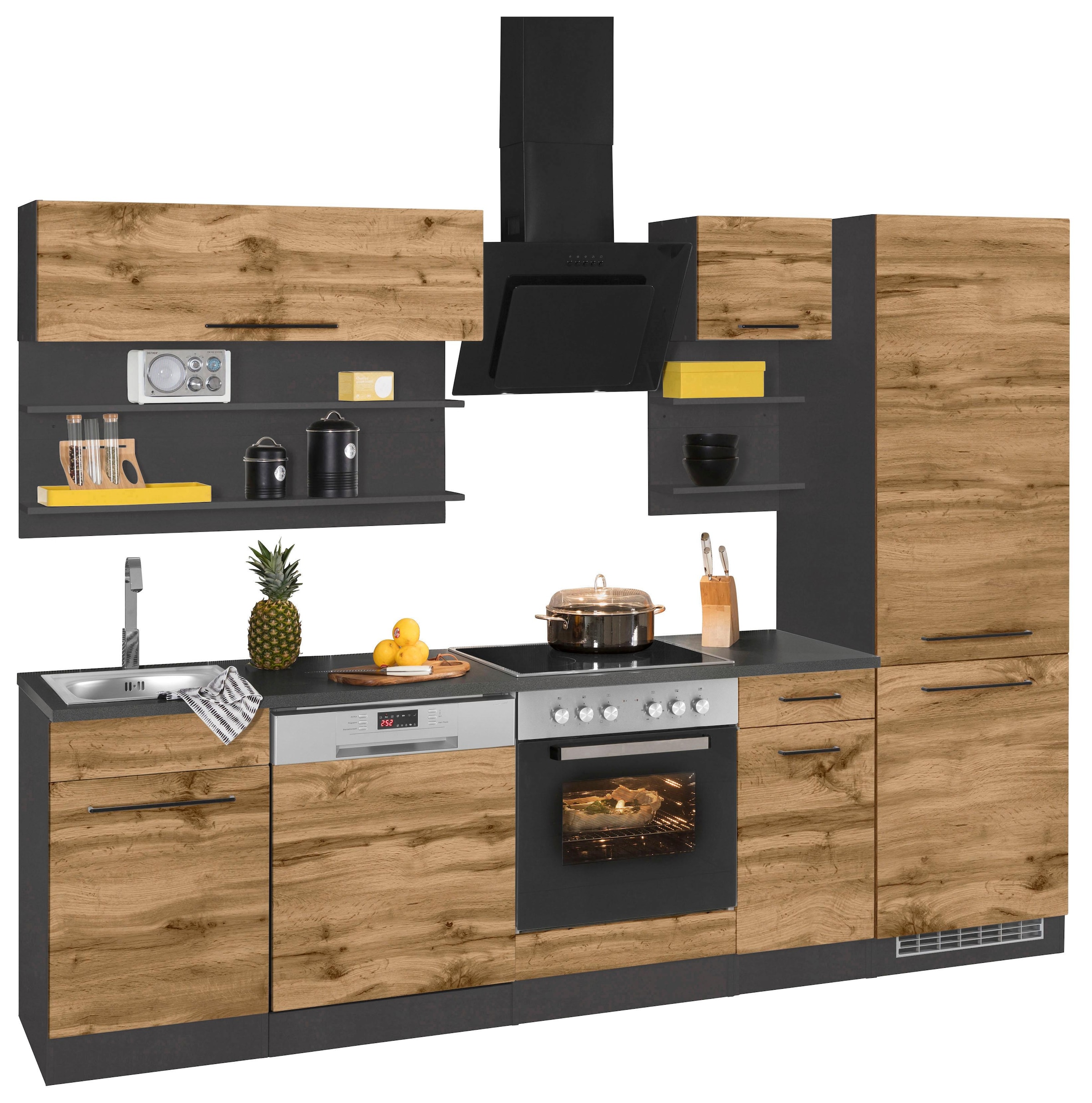 KOCHSTATION Küchenzeile »KS-Tulsa«, ohne E-Geräte, Breite 270 cm, schwarze Metallgriffe, MDF Fronten