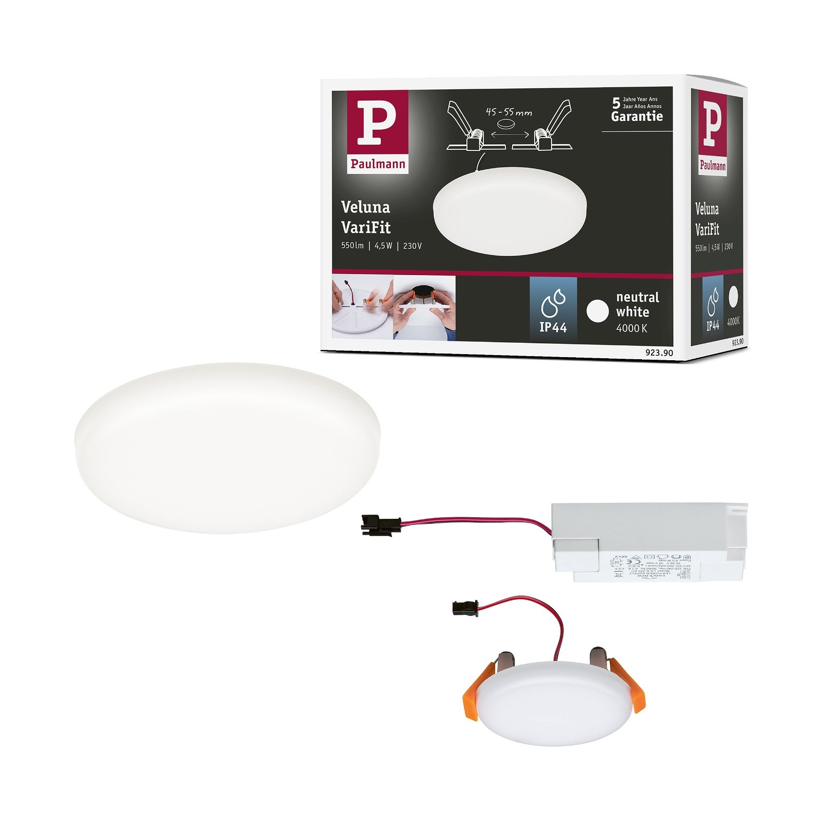 Paulmann LED Einbauleuchte »VariFit Veluna IP44 rund 75mm 4,5W 400lm 4000K Satin«, 1 flammig, Einbaupanel