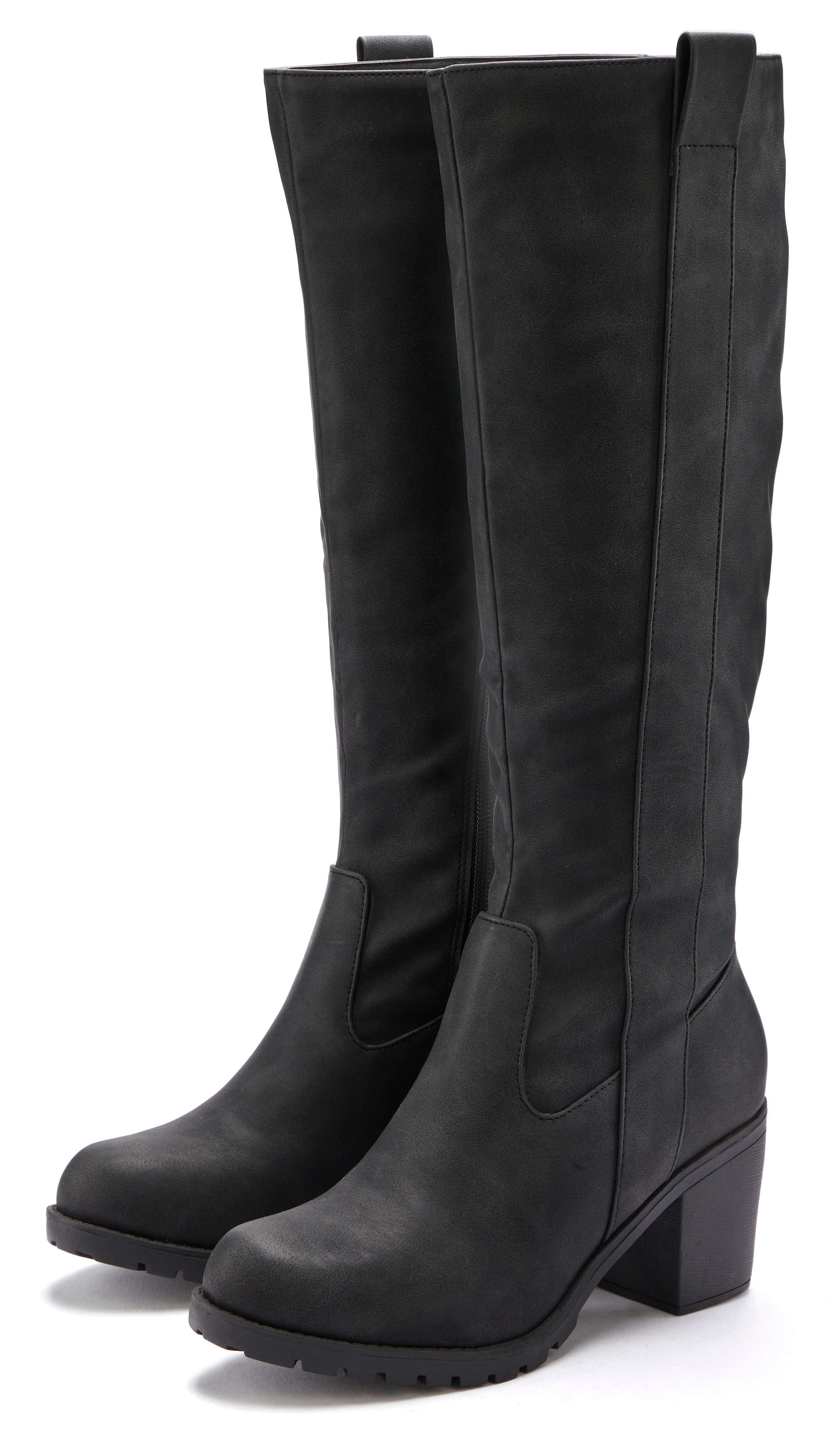 LASCANA Weitschaftstiefel, Stiefel, Stiefelette, langer Stiefel, Blockabsatz, Cowboy Stil VEGAN