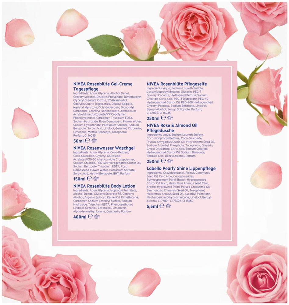 Nivea Pflege-Geschenkset »Smell of Roses«, (6 tlg.), Sinnliche Pflege mit zartem Rosen-Duft für Haut und Sinne.
