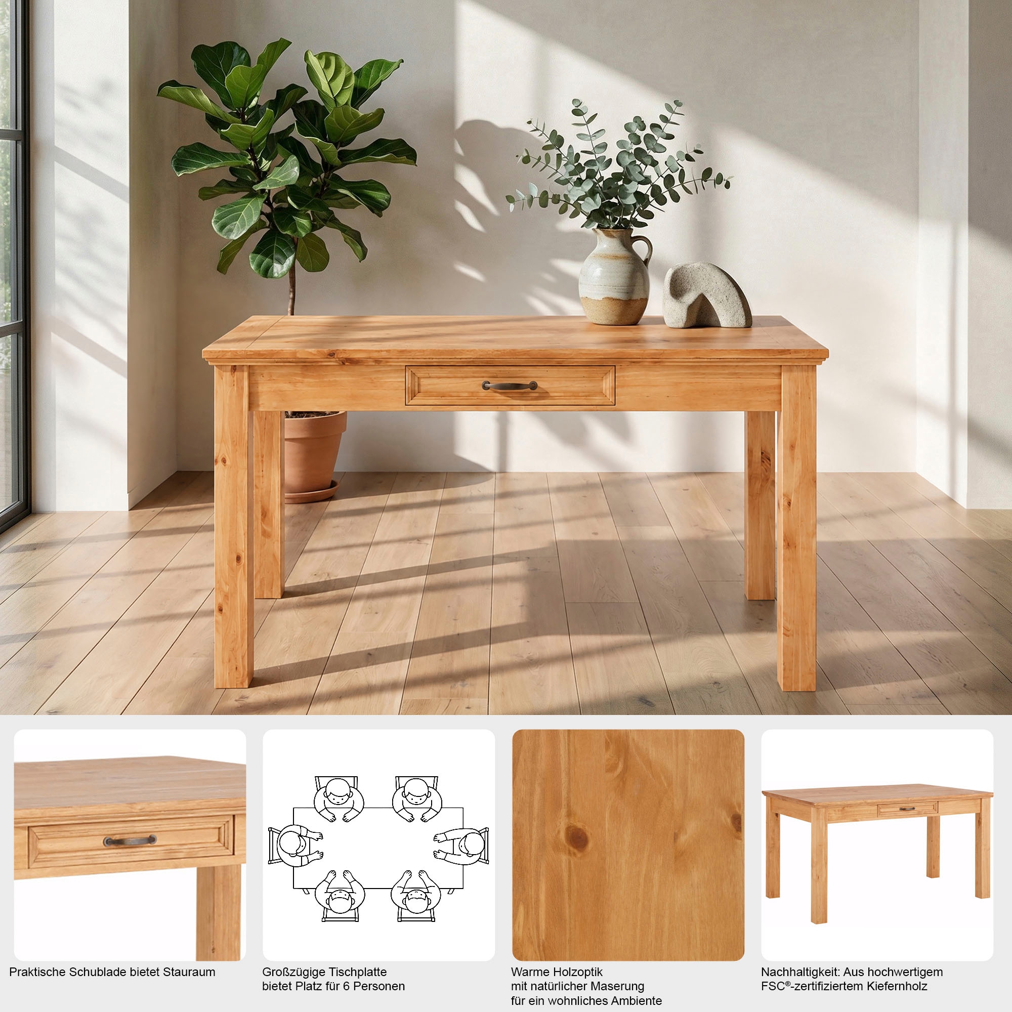 OTTO home Esstisch »Selma« mit Schublade, aus massivem Kiefernholz, Breite 140 oder 180 cm