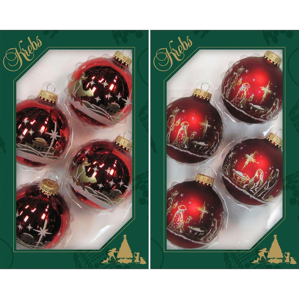 Krebs Glas Lauscha Weihnachtsbaumkugel »Heilige Nacht, Weihnachtsdeko rot, Christbaumschmuck«, (Set, 8 St.), hochwertige Christbaumkugeln aus Glas, mundgeblasen