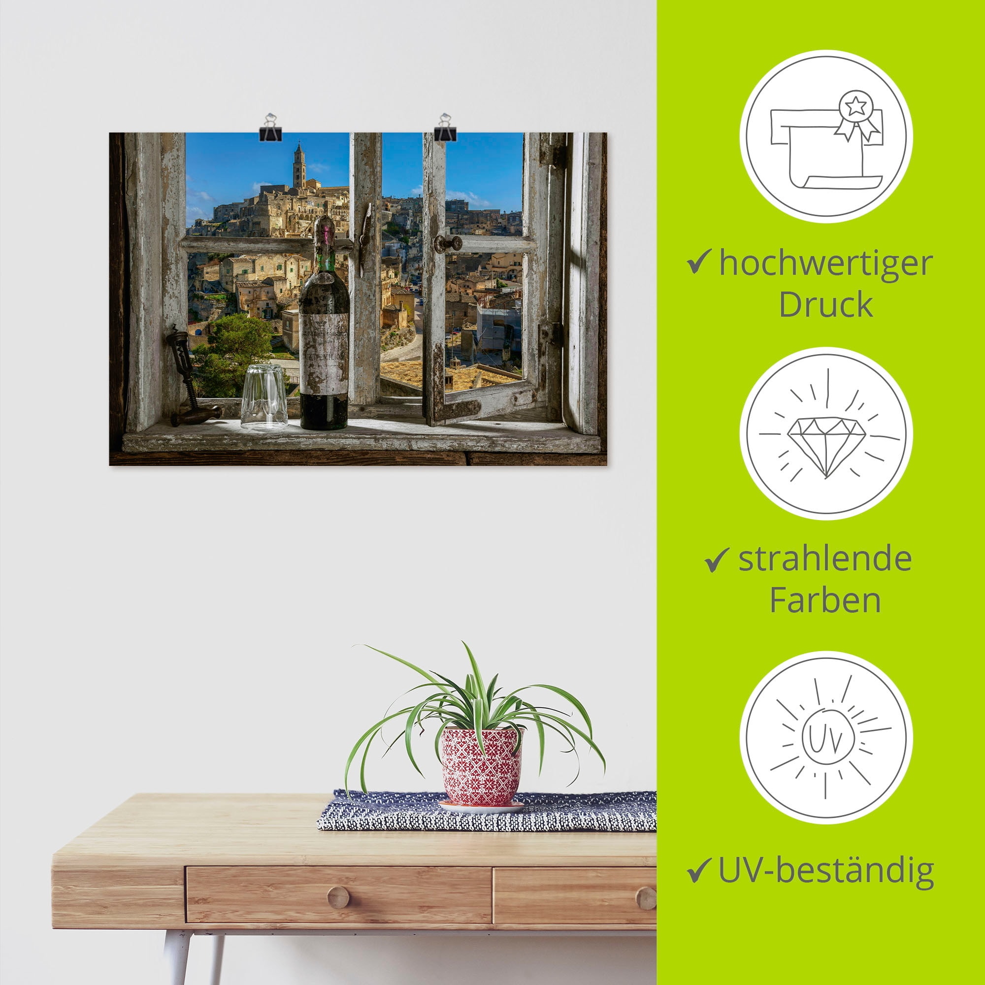Artland Wandbild »Blick aus dem Fenster Matera, Italien« Fenster & Türen 1 Stk. tlg. als Alubild, Outdoorbild, Leinwandbild, Poster, Wandaufkleber
