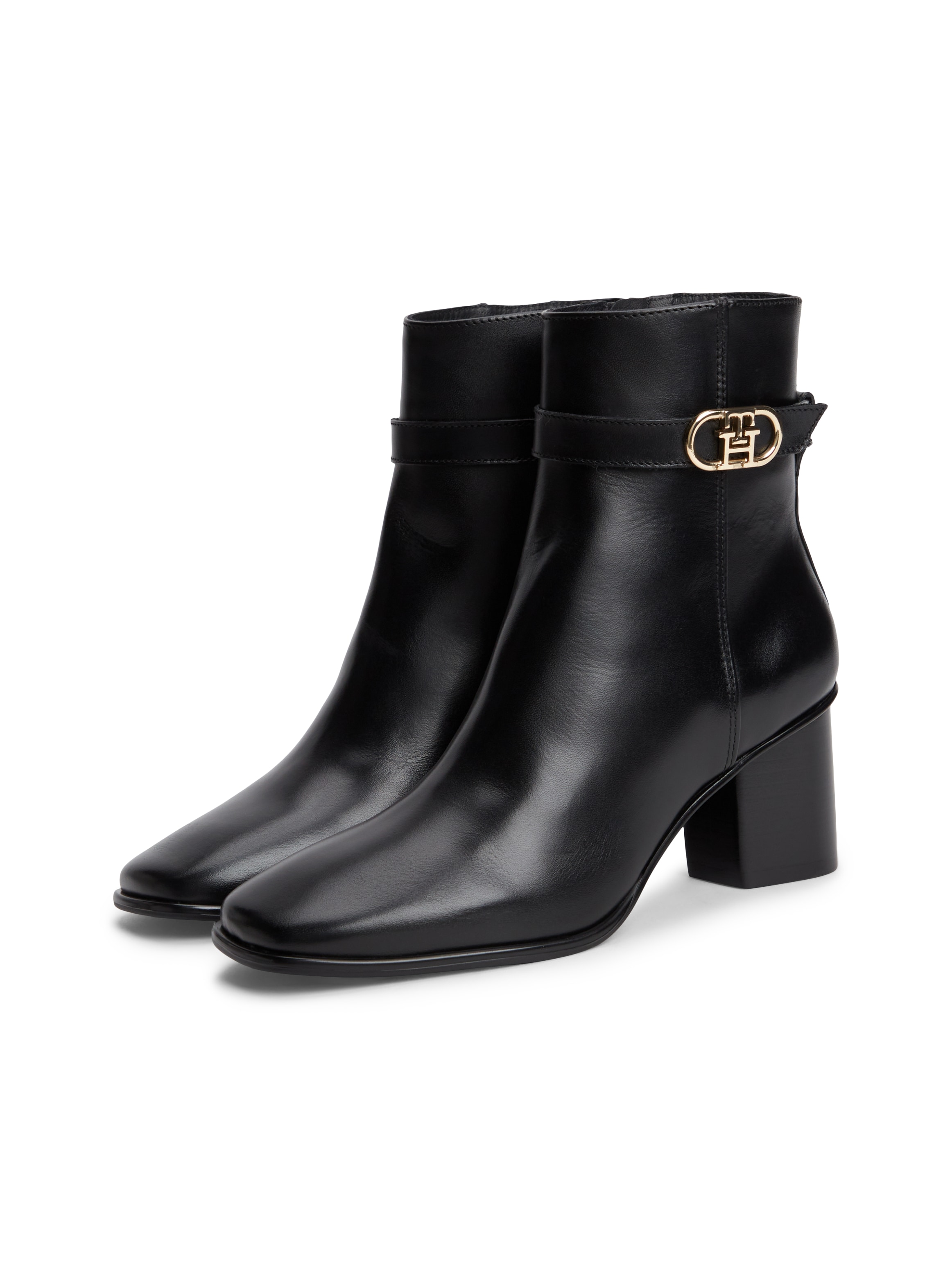 Tommy Hilfiger Stiefelette »TH STRAP LEATHER BLOCK HEEL BOOT«  Herbstschuh, Businessschuh mit goldfarbenem Schmuckelement