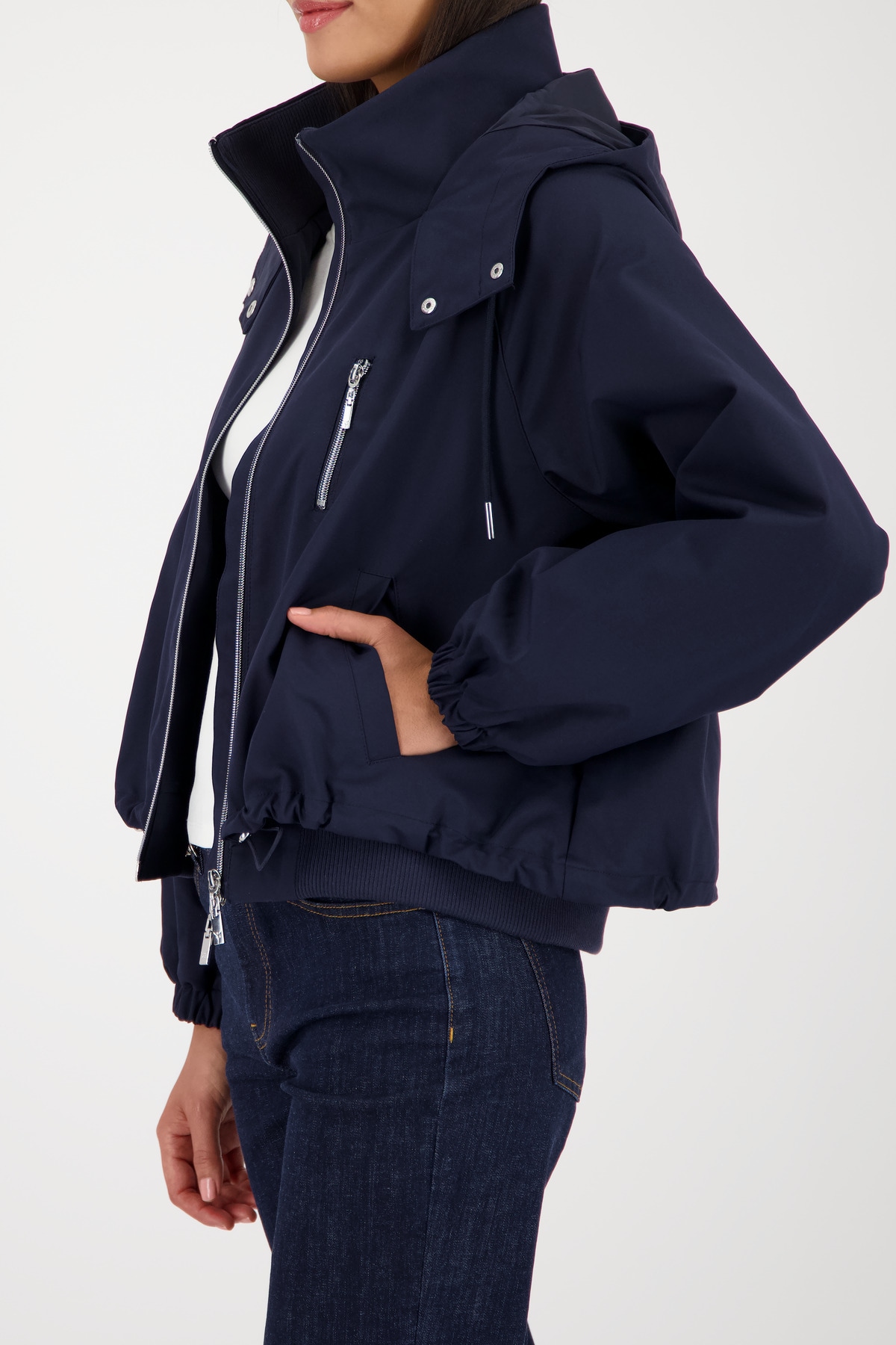 Monari Outdoorjacke mit Kapuze Stehkragen, Oversized Fit, Ripp-Details an Kragen und Bodysaum