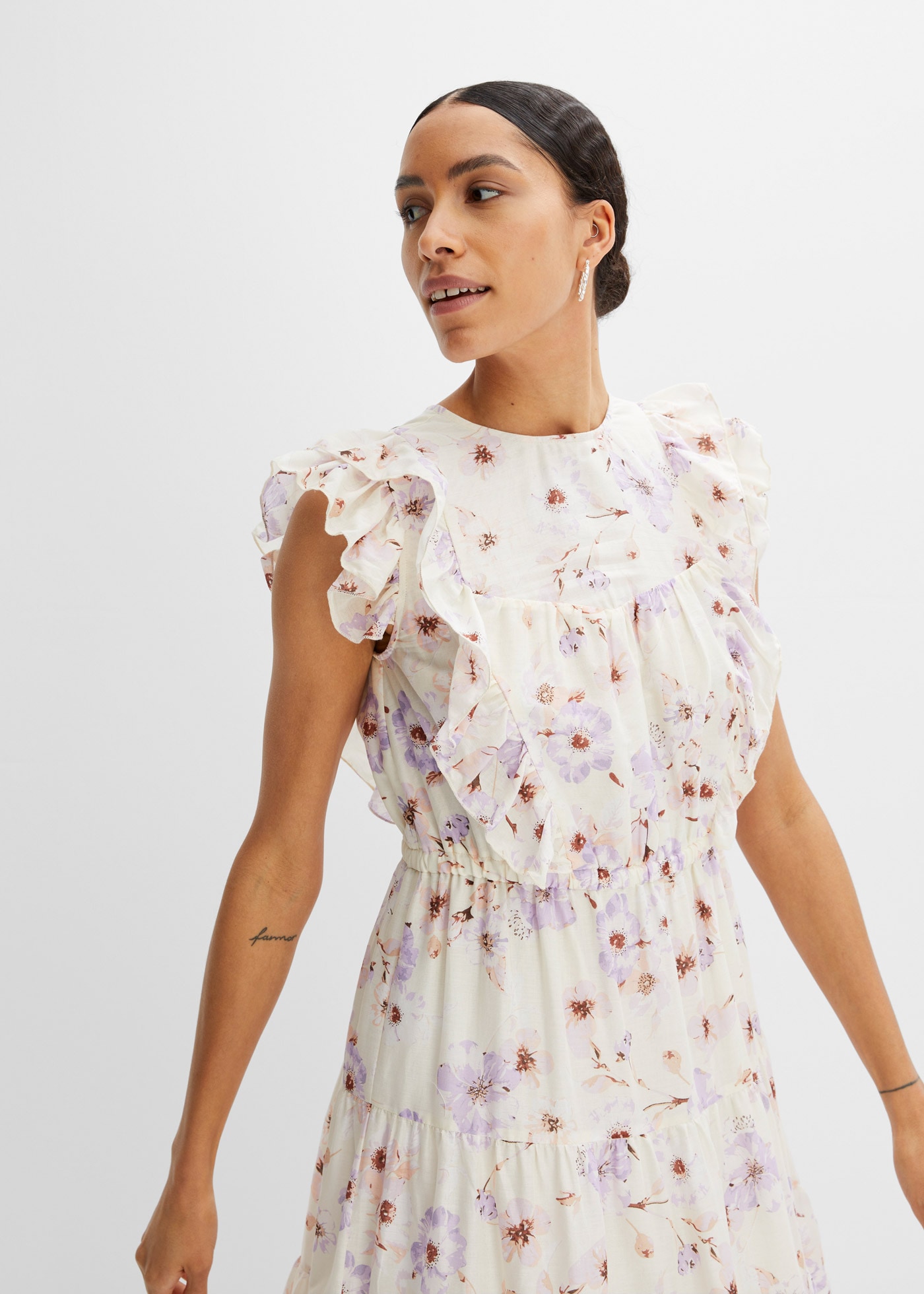 bonprix Maxikleid aus reiner Baumwolle, ausgestellte Passform, ärmellos, mit Volants