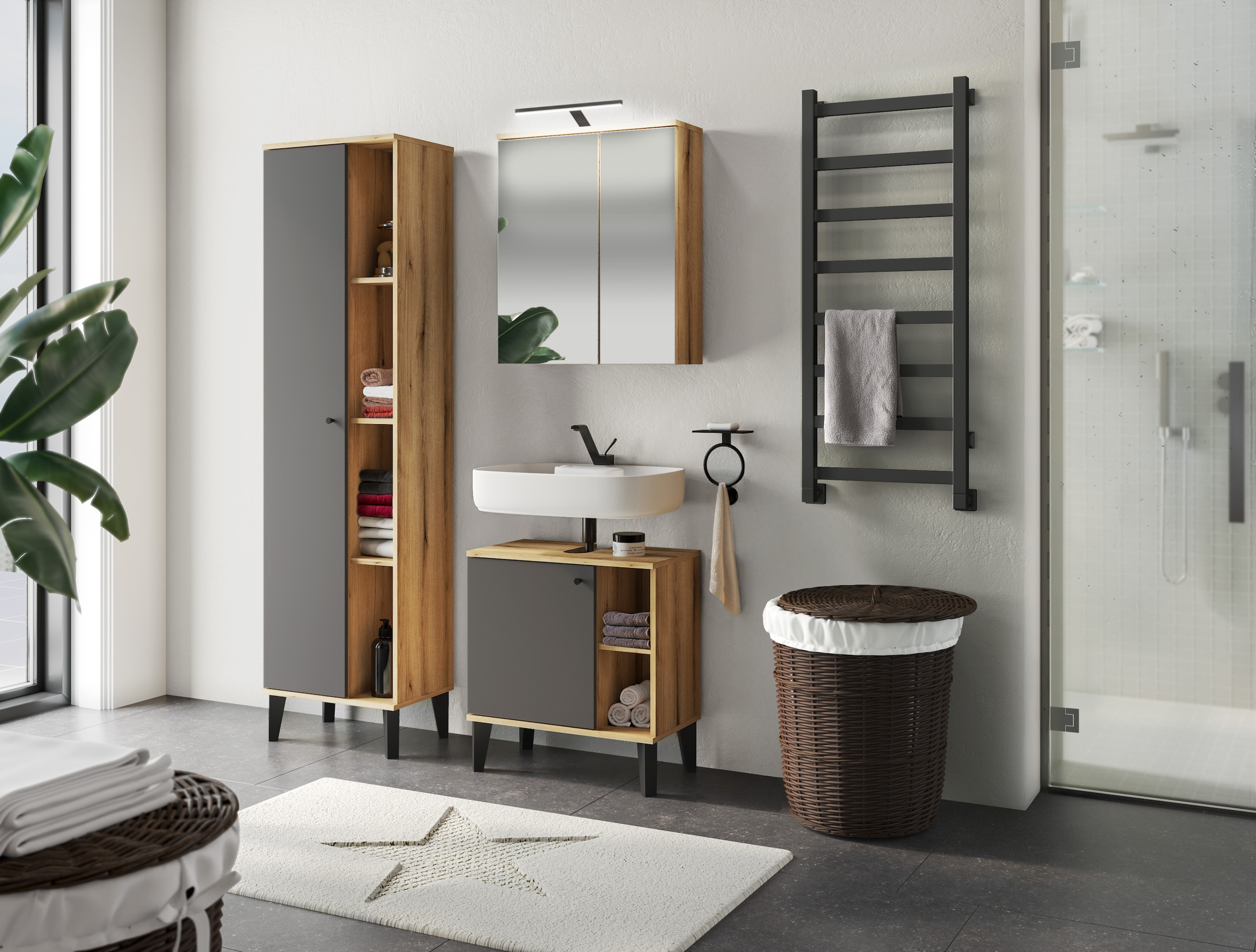 INOSIGN Stauraumschrank »Oslo, Badschrank mit Knopfgriff, Hochschrank im skandinavischen Design«, in der Türfarbe Weiß oder Grau verfügbar, ausreichend Stauraum