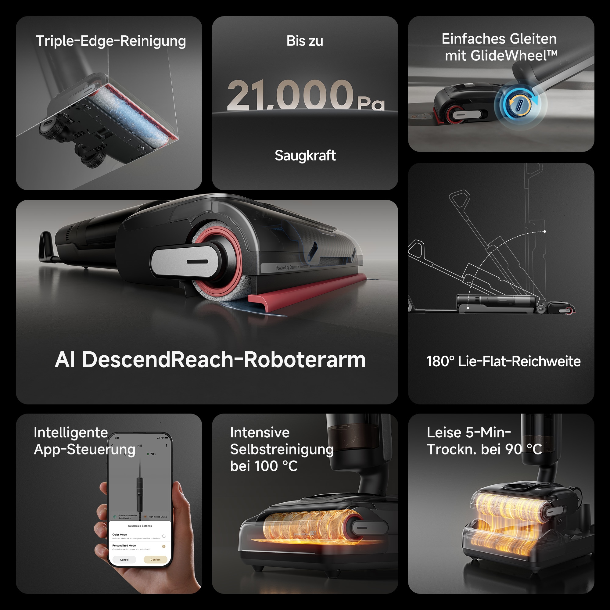 Dreame Nass-Trocken-Sauger »H15 Pro, 21.000 Pa Saugkraft, GapFree,180°-Design, Selbstreinigung«, Triple-Edge-Reinigung, TangleFree, App-Control, Heißlufttrocknung