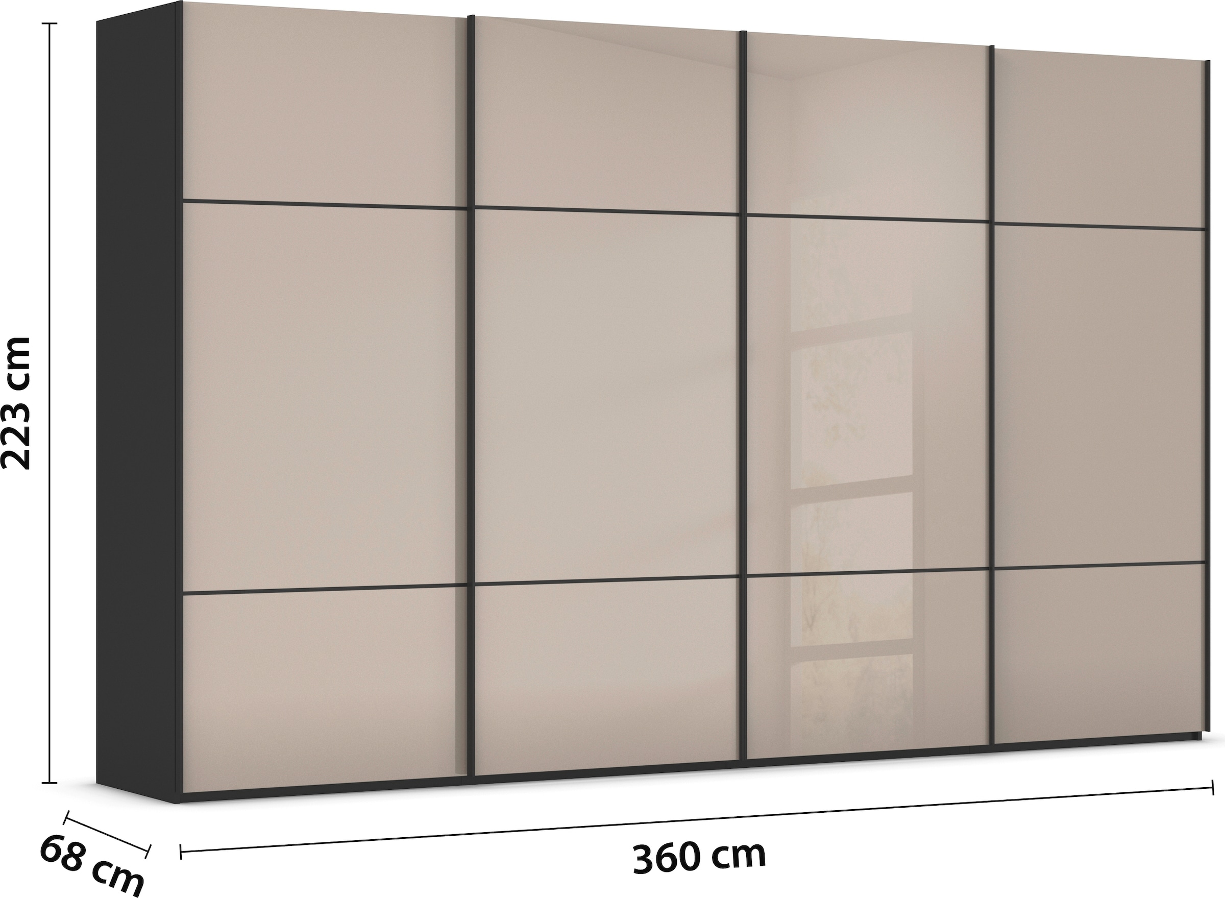 rauch Schwebetürenschrank »Kleiderschrank Schrank Garderobe Schlafzimmerschrank SCALE-TRIO«, edle dreigeteilte Front mit 2 Zierleisten Glasfront MADE IN GERMANY