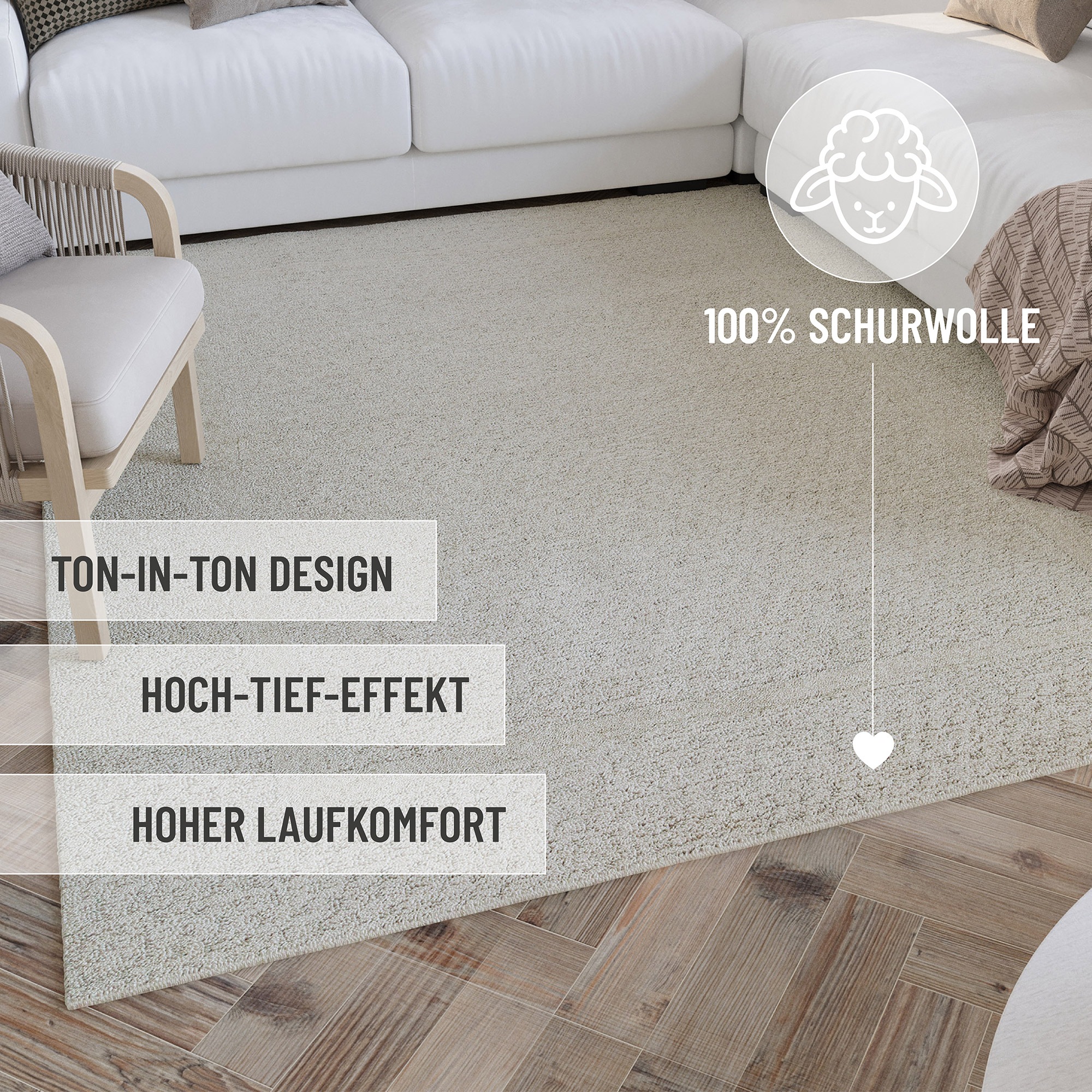 Wecon home Wollteppich »Hamptons THIRTYFIVE«, rechteckig, 15 mm Höhe, Läufer, Schurwolle, Kurzflor, Wohn- & Schlafzimmer, strukturiert