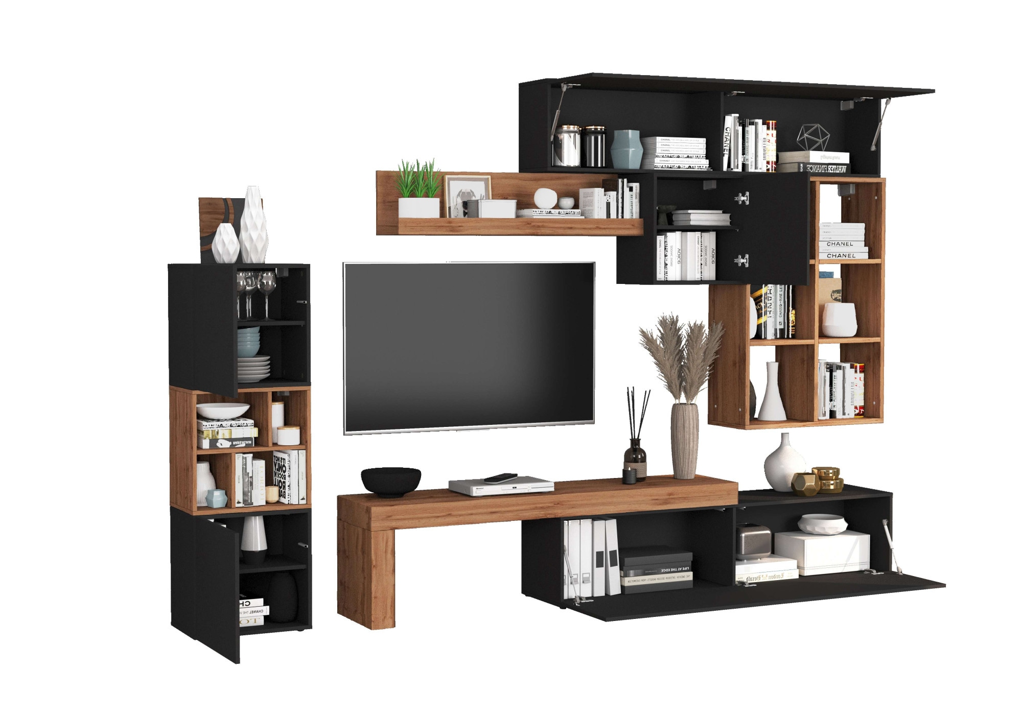 INOSIGN Wohnwand »Chronos Wohnwand, Medienwand, 8-er set«, (Set, 8 St.), ca. 320 cm mit Hängeschränke, Würfel, Regal, Lowboard, Made in Italy