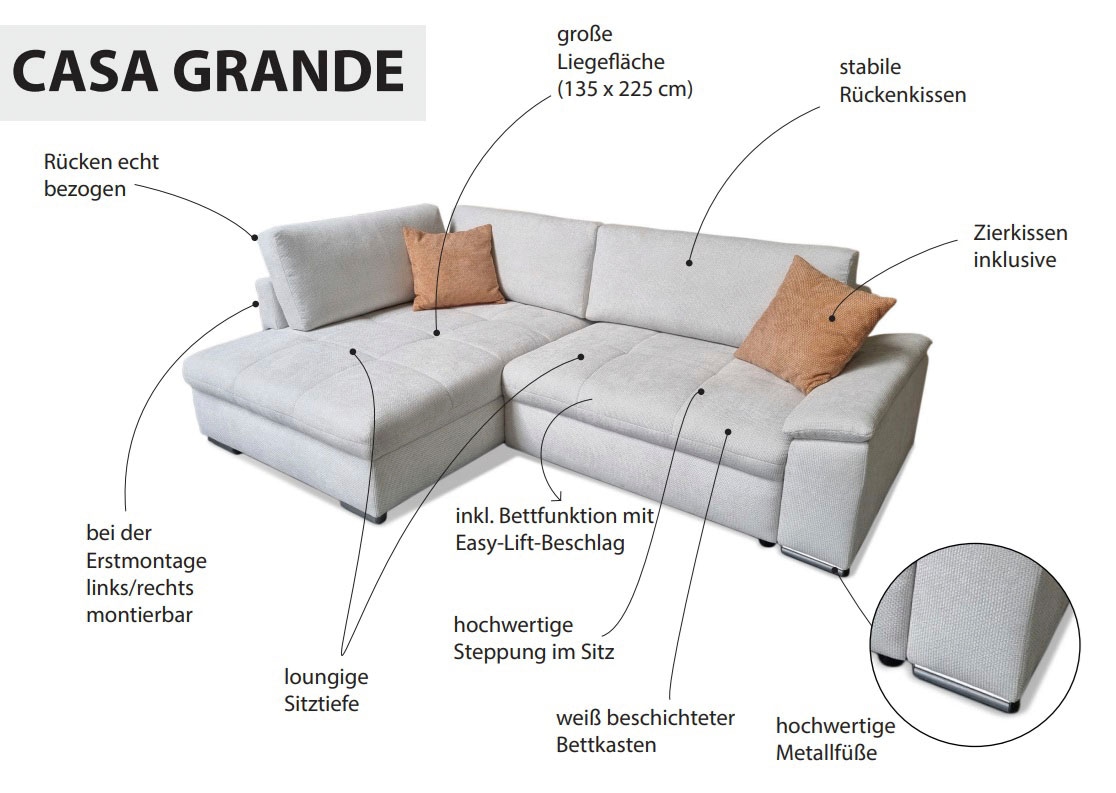 exxpo - sofa fashion Ecksofa »Casa Grande inkl. Bettfunktion, Bettkasten, OTTOs Choice, bequem«, L-Form, guter Sitzkomfort, große Liegefläche