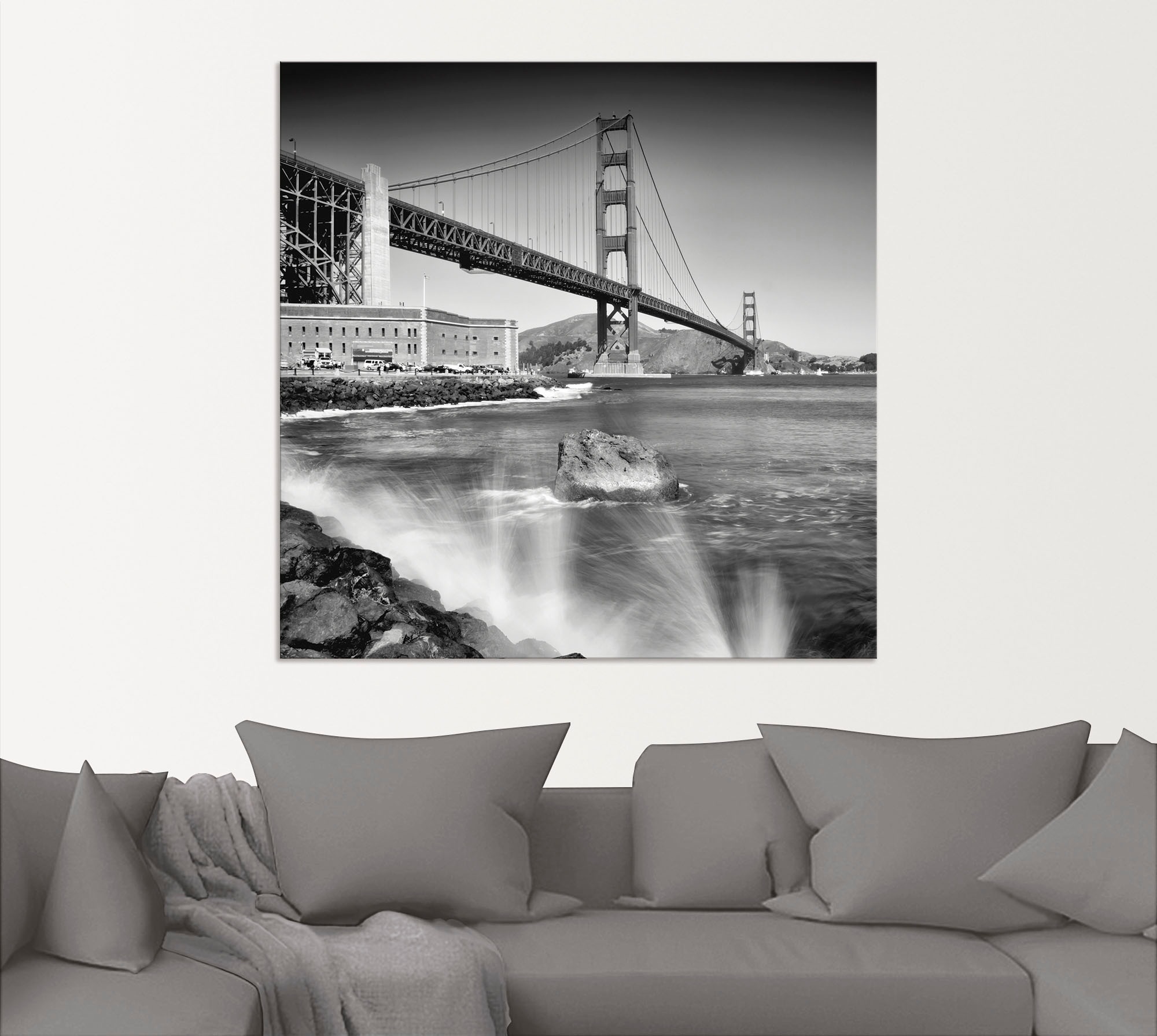 Artland Wandbild »Golden Gate Bridge mit Brandung«, Amerika, (1 St.), als Alubild, Leinwandbild, Wandaufkleber oder Poster in versch. Größen