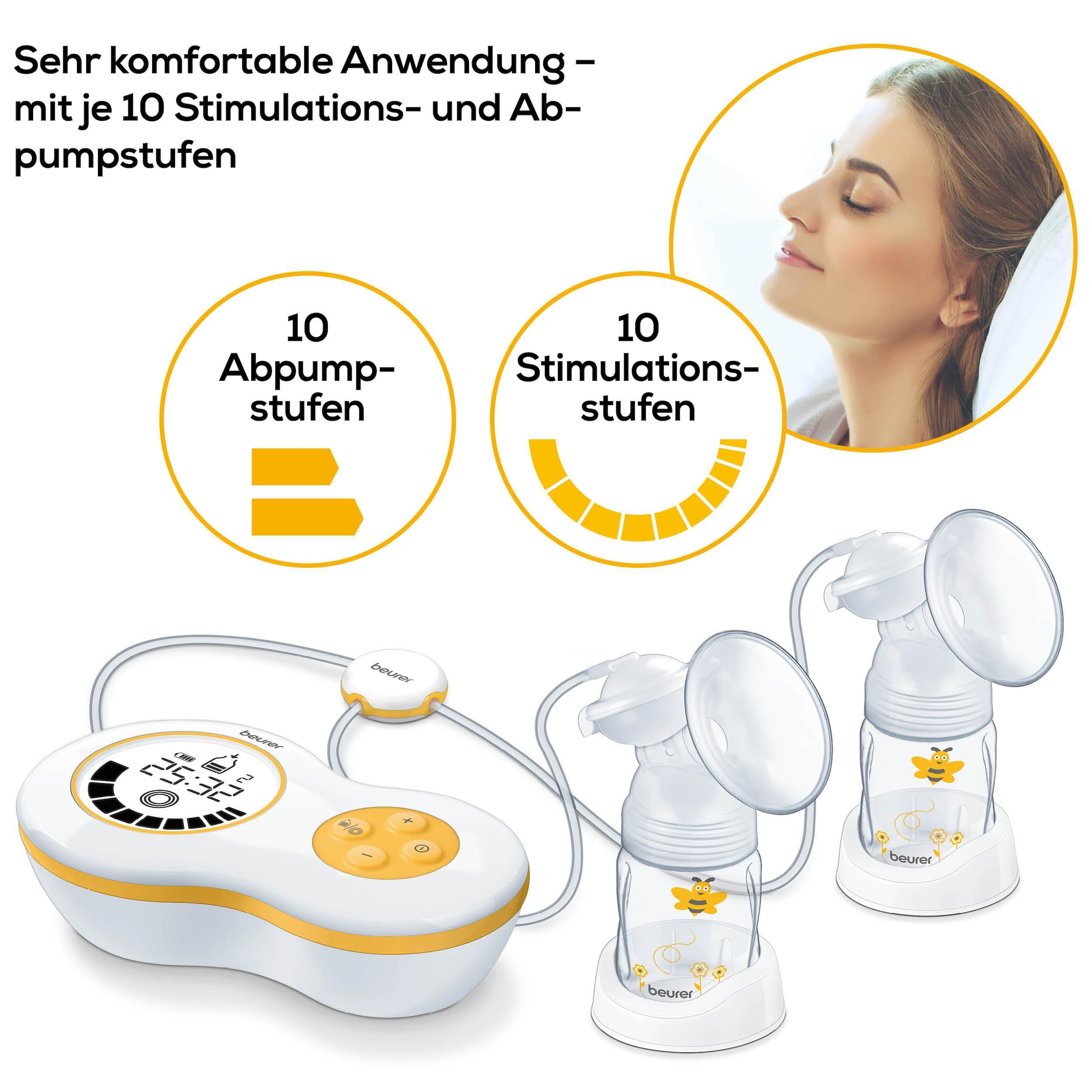 BEURER Elektrische Doppelmilchpumpe »BY 70 inkl. Handpumpe«, Für beid- und einseitiges Abpumpen geeignet, 10 Stimulationsstufen