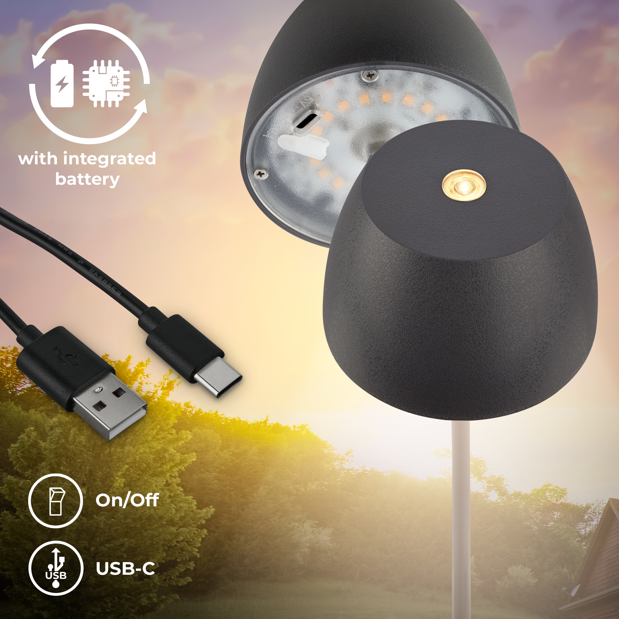 B.K.Licht Außen-Tischleuchte »BK_TL1606 Mini Akku LED Tischlampe, Touchdimmer, mit USB-C« LED-Modul 1 Stk. Extra-Warmweiß 2.700 K, 150Lm, 2,5W, Akku wechselbar, max. 24h Leuchtdauer, Anthrazit