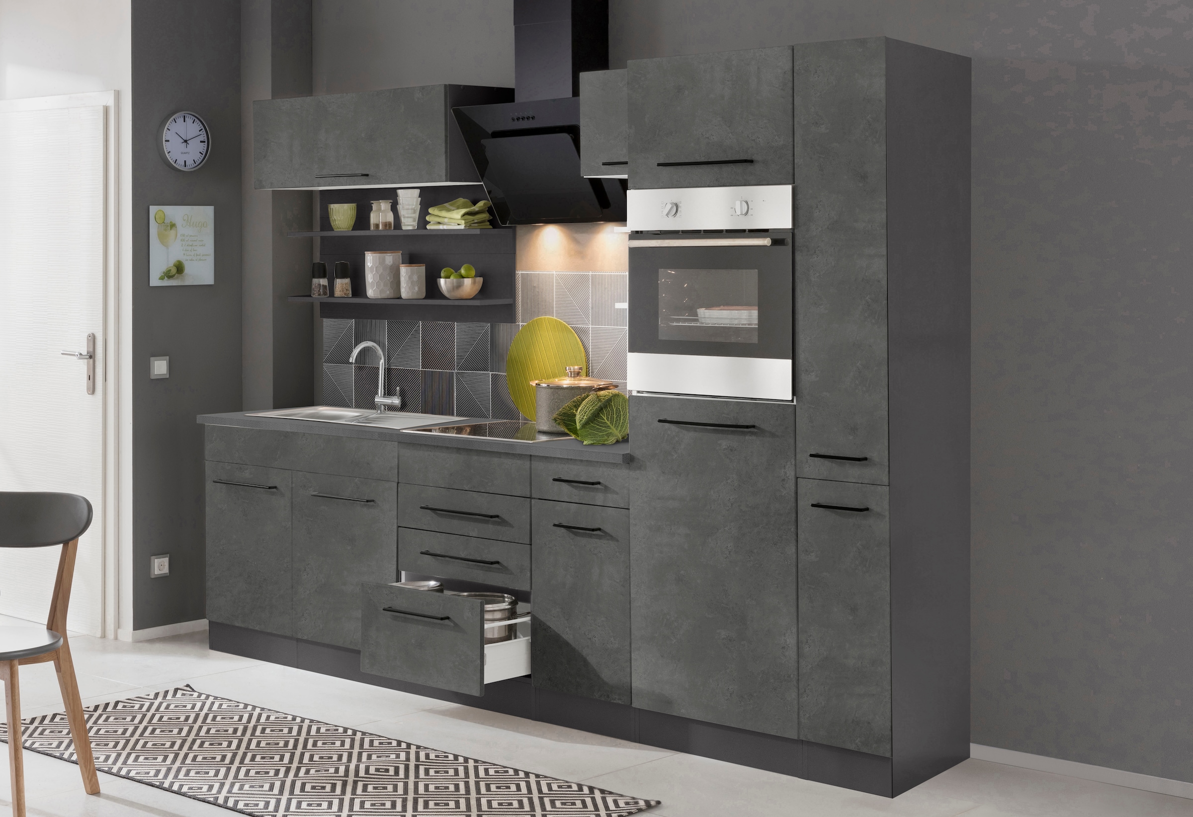 KOCHSTATION Küchenzeile "KS-Tulsa" ohne E-Geräte, Breite 270 cm, schwarze Metallgriffe, MDF Fronten