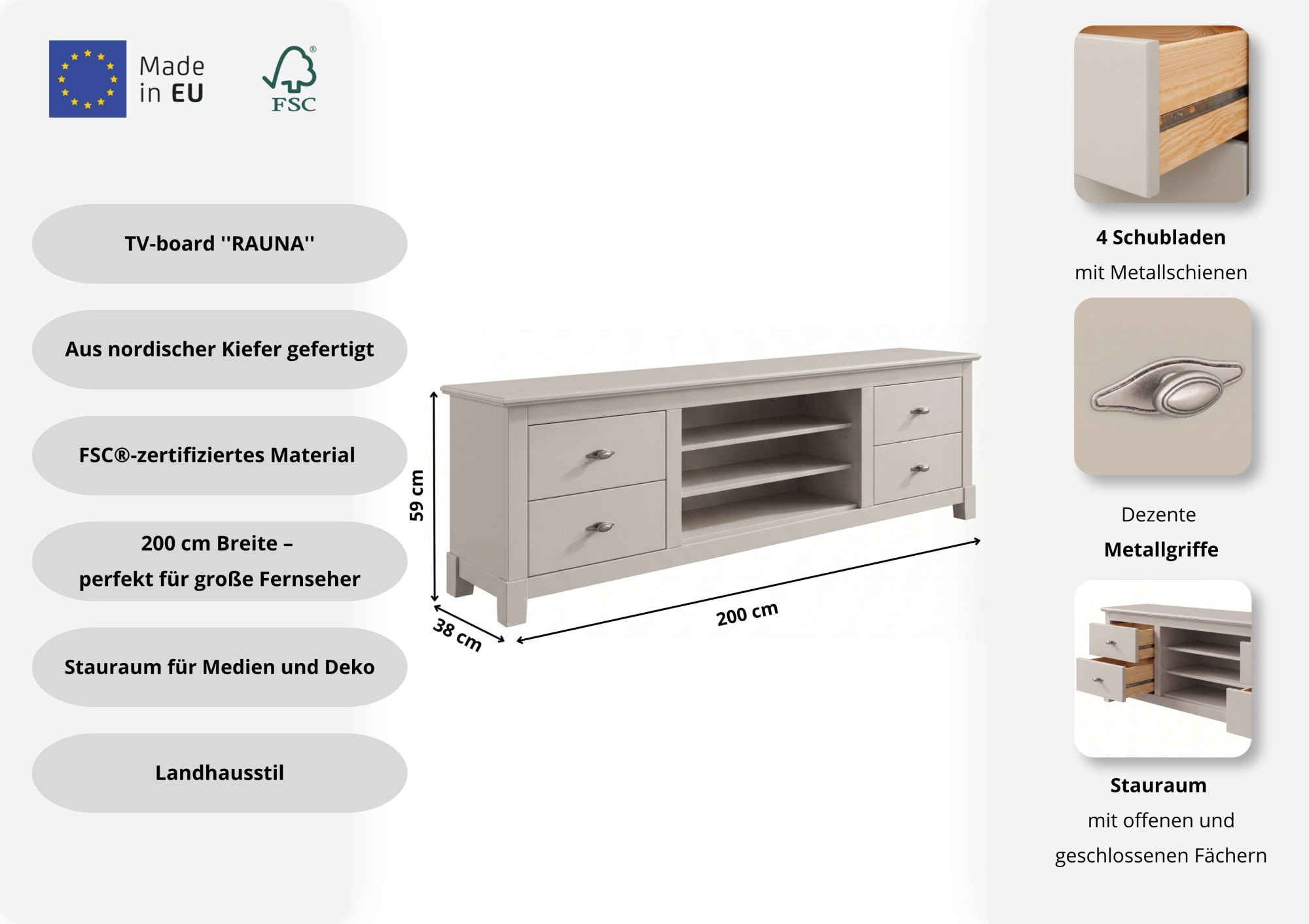 OTTO home Lowboard »Rauna« Kommode, Breite 200 cm, FSC®-zertifiziertes Massivholz