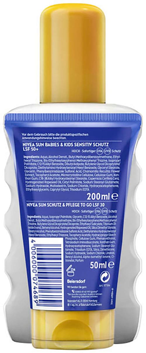 Nivea Sonnenschutzspray »Babies & Kids Sensitiv Schutz+Gratisgröße Lotion to go«, (Set)