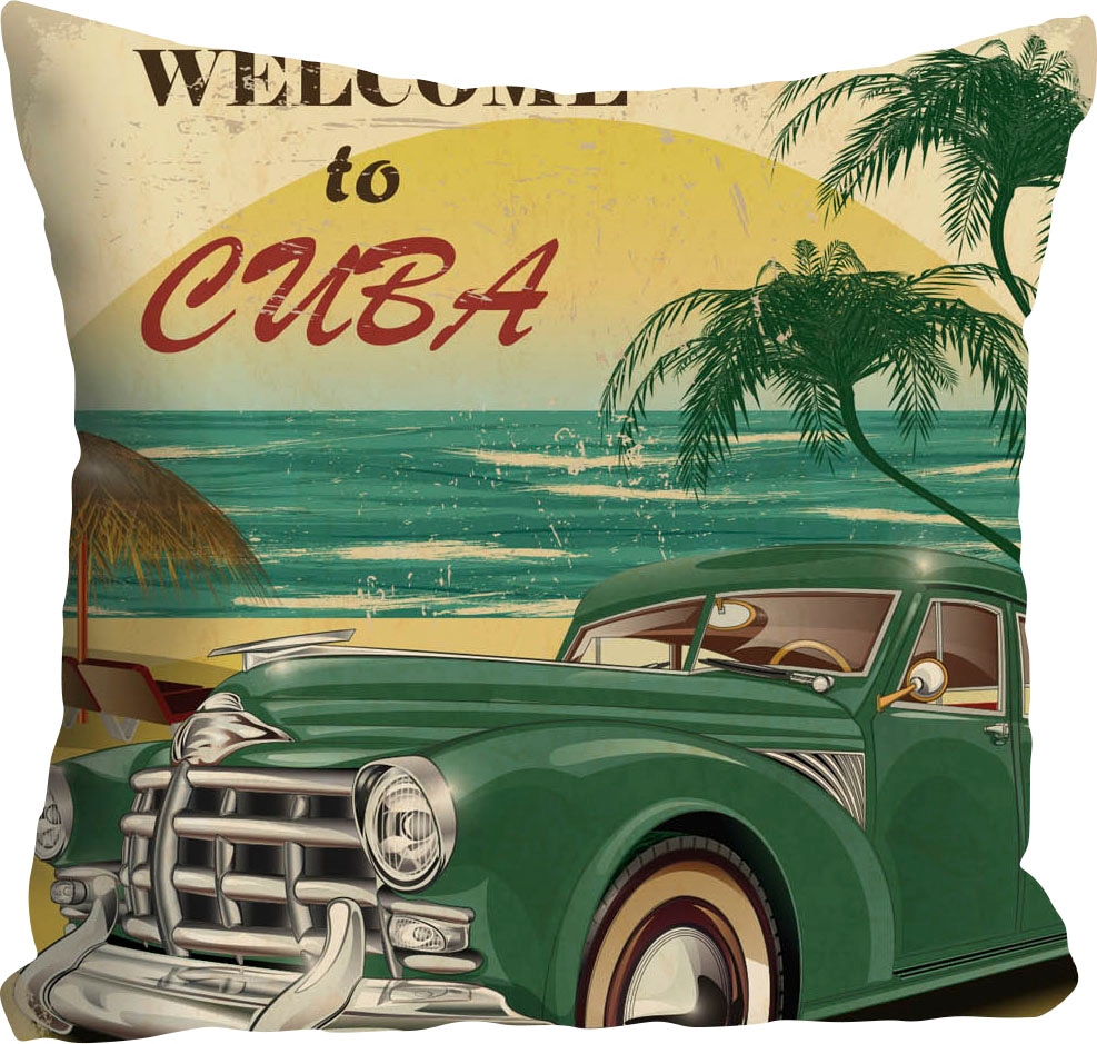queence Dekokissen »Welcome to Cuba«, mit Schriftzug und Auto, Kissenhülle ohne Füllung, 1 Stück