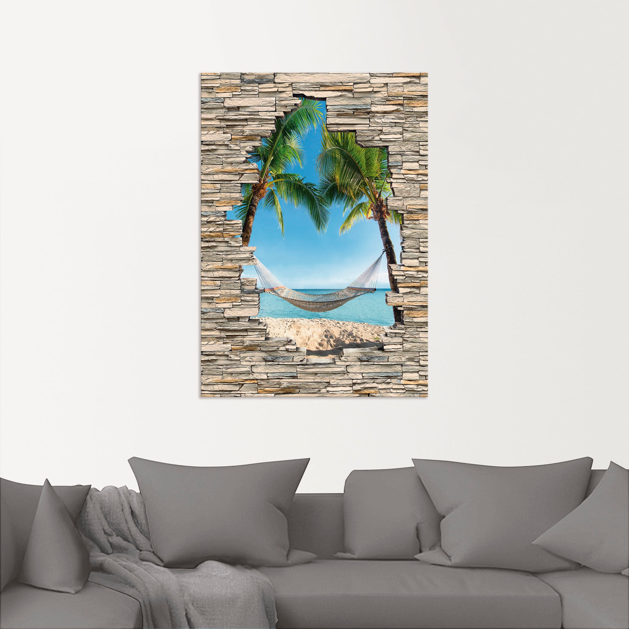 Artland Wandbild »Palmenstrand Karibik Hängematte Stein«, Karibikbilder, (1 St.), als Alubild, Outdoorbild, Poster in verschied. Größen