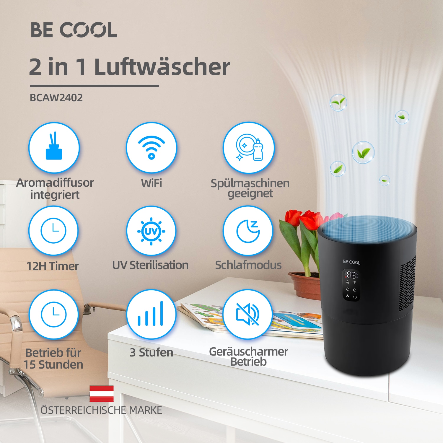 be cool Luftbefeuchter »Luftwäscher BCAW2402«, 4,5 l Wassertank, abwaschbarer Wasserfilter, Wifi, Aroma- und UV-Sterilisation