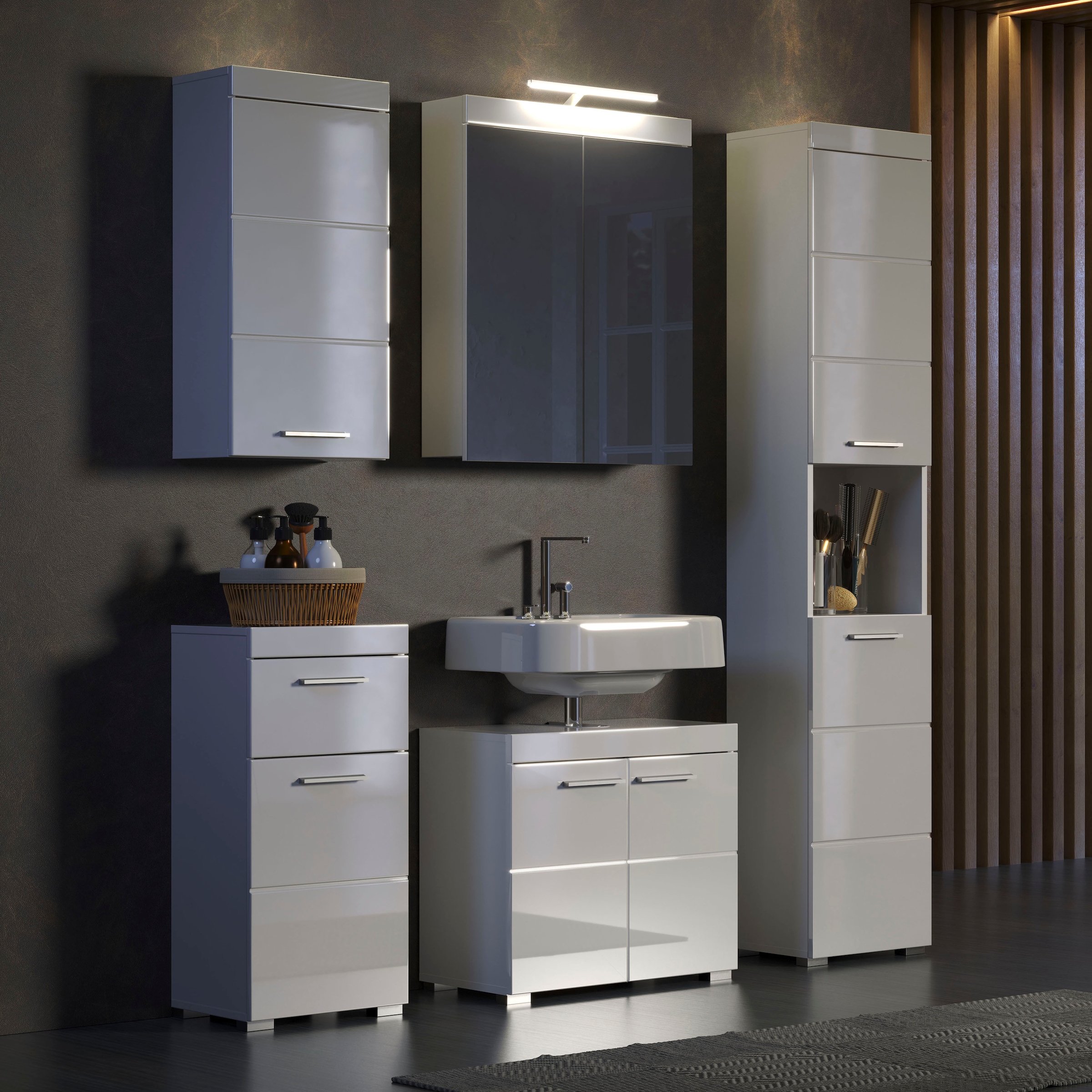 welltime Badmöbel-Set »Avena«, (Set, 5 St.), Hochschrank, WBU, Spiegelschrank, Kommode, Hängeschrank u. Beleuchtung