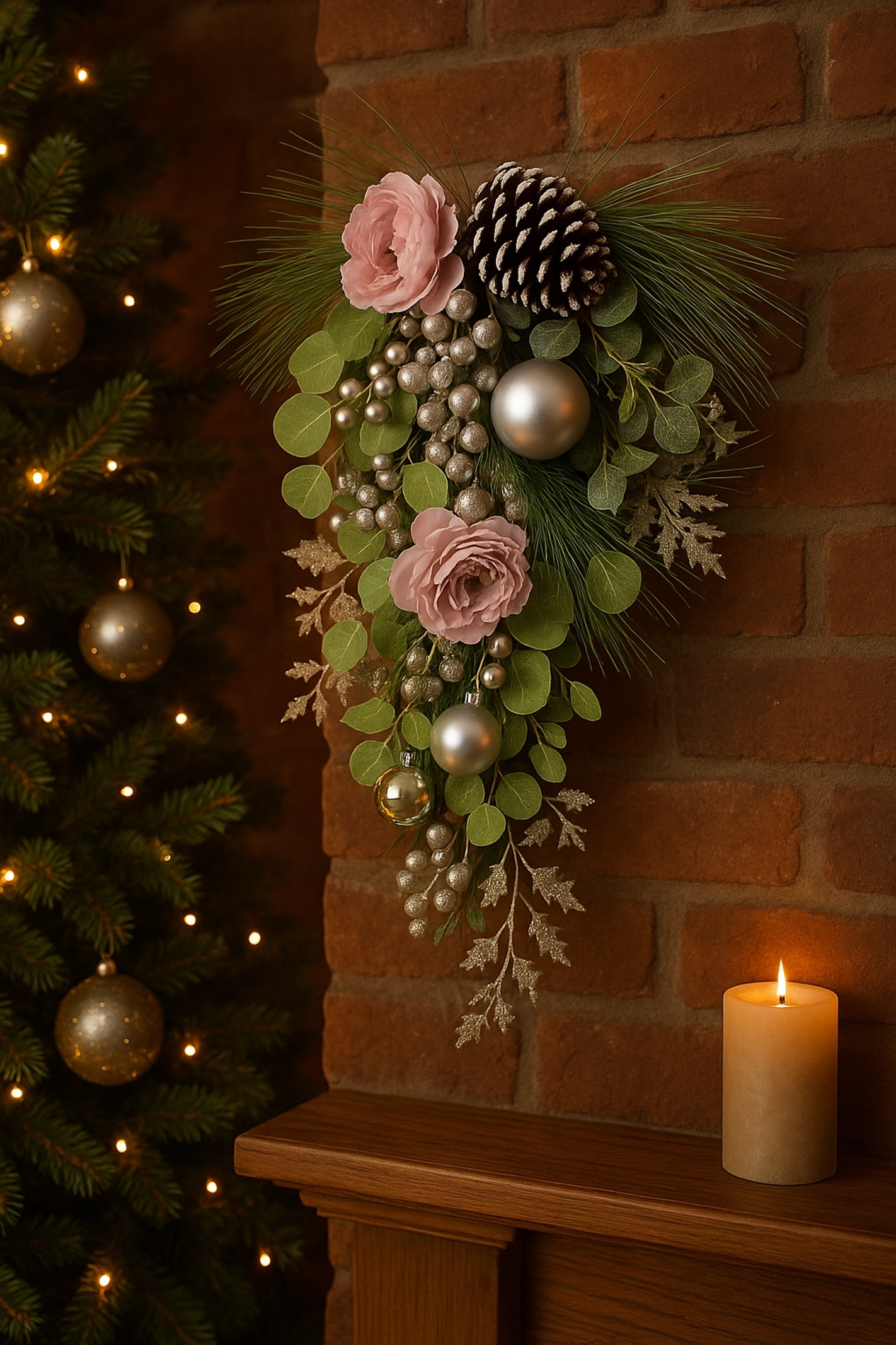 I.GE.A. Kunstblume »Wandhänger Päonie/Beeren« Wanddeko Tanne, Eukalyptus, Zapfen, Weihnachtsdeko