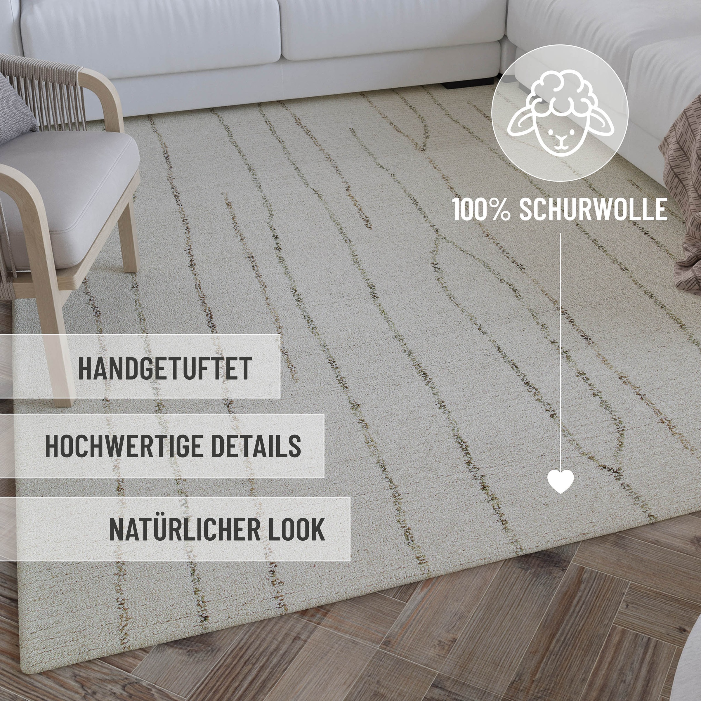 Wecon home Wollteppich »Hamptons THIRTYNINE«, rechteckig, 10 mm Höhe, Läufer, Schurwolle, Kurzflor, Wohnzimmer, Schlafzimmer, elegant, Linie