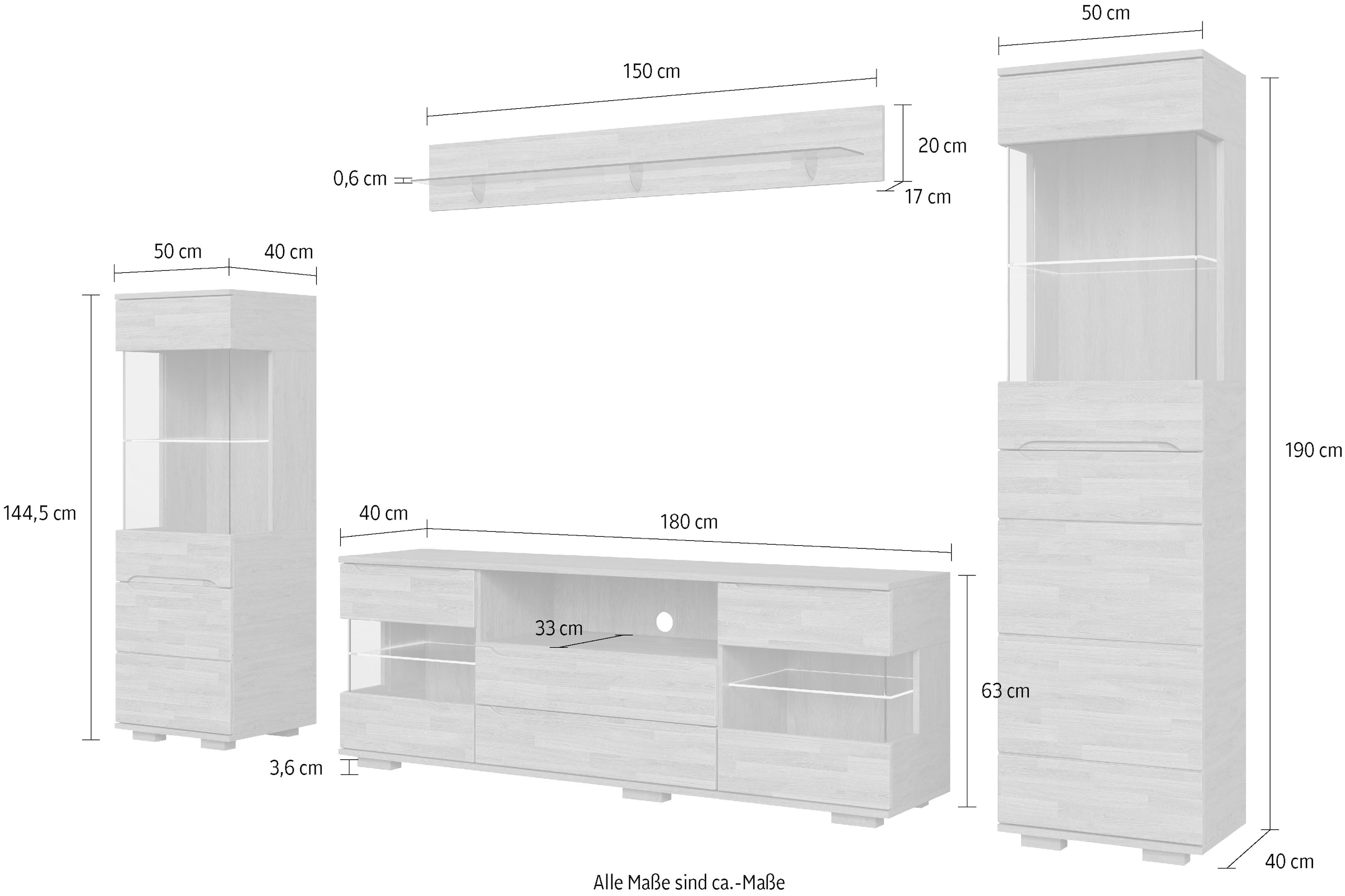 OTTO home Wohnwand »VETRO: besteht aus 2 Vitrinen, 1 Lowboard & 1 Wandregal, Wohnzimmer.« 4 Stk. tlg.