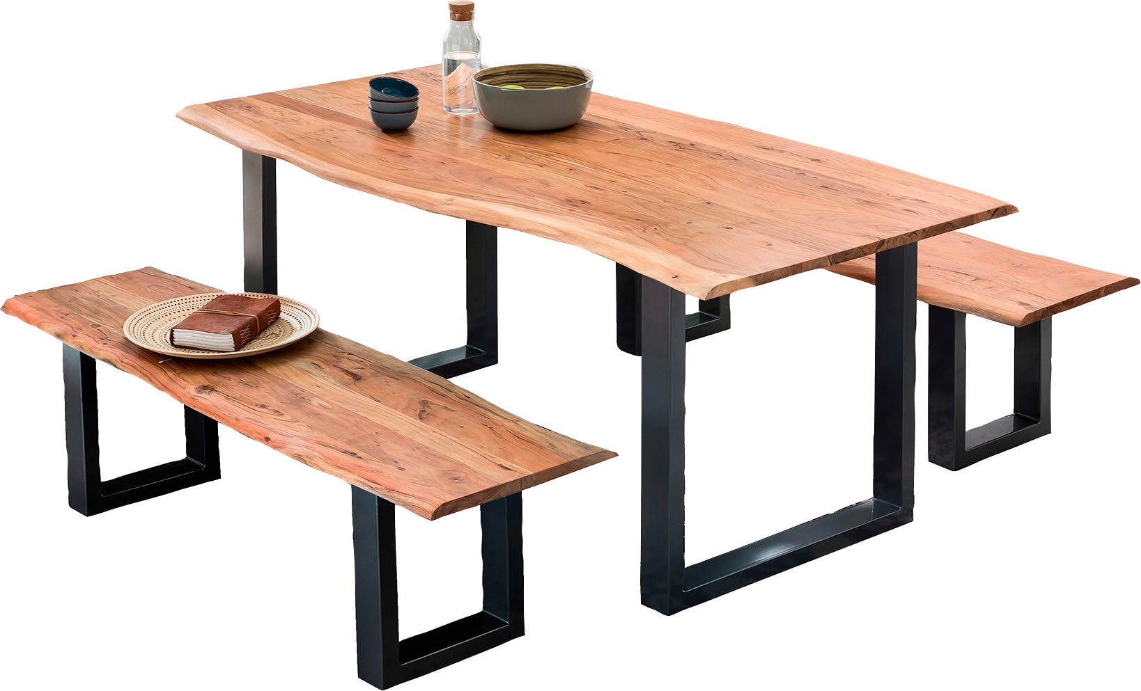 SIT Essgruppe, (Set, 3 tlg., 1 Tisch und 2 Bänke), Mit natürlicher Baumkante