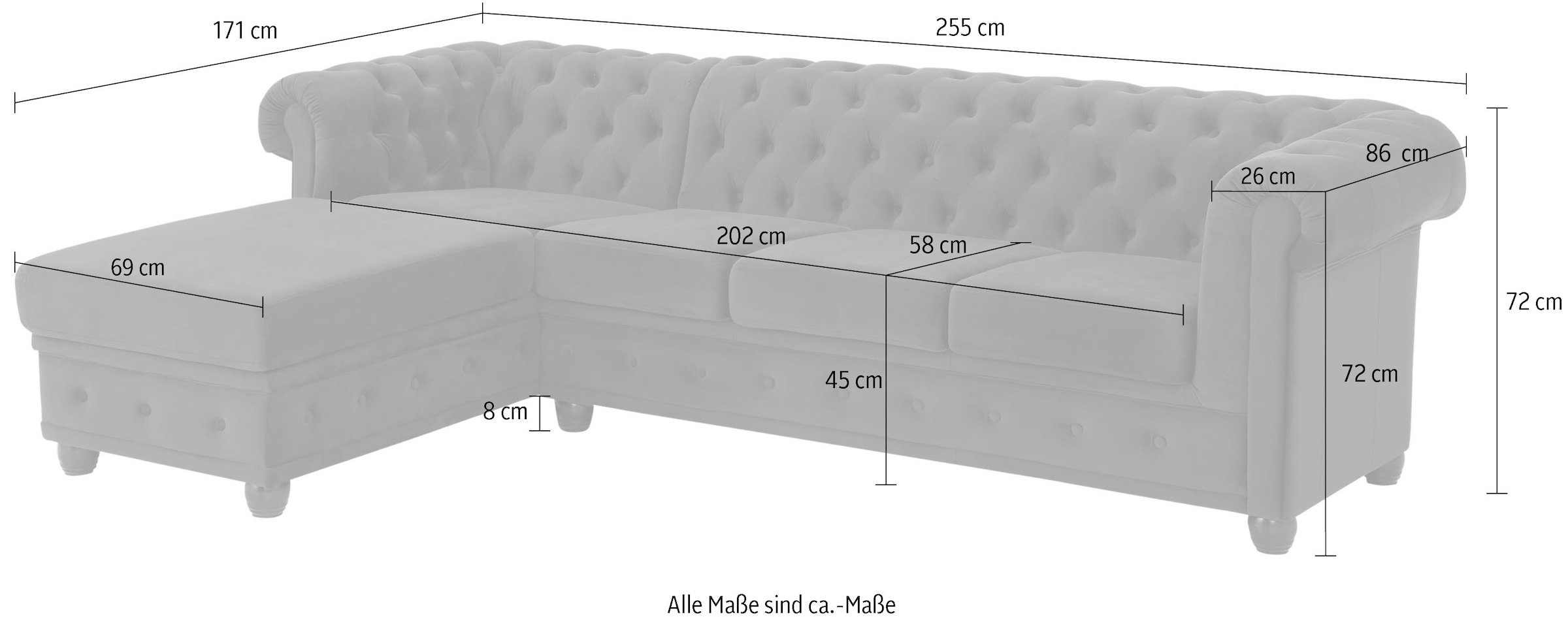 Home affaire Chesterfield-Sofa »New Castle L-Form« hochwertige Knopfheftung in Chesterfield-Design, B/T/H: 255(171/72)