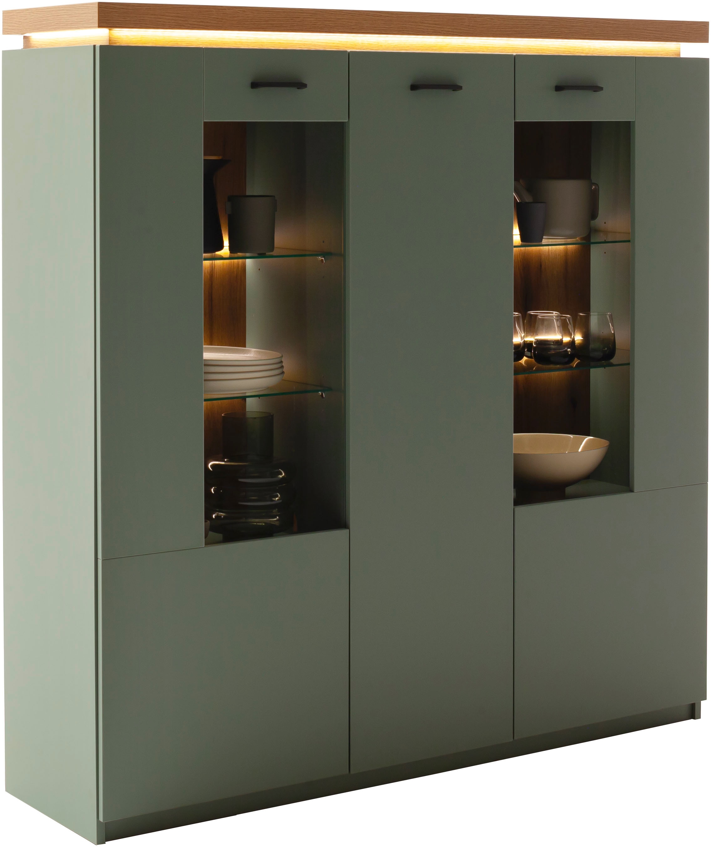 MCA furniture Highboard »MONIZ Highboard«, (1 St.), Hochkommode,Kommode,Eiche,Salbeigrün,3 Türen,gedämpft,Breite 138 cm