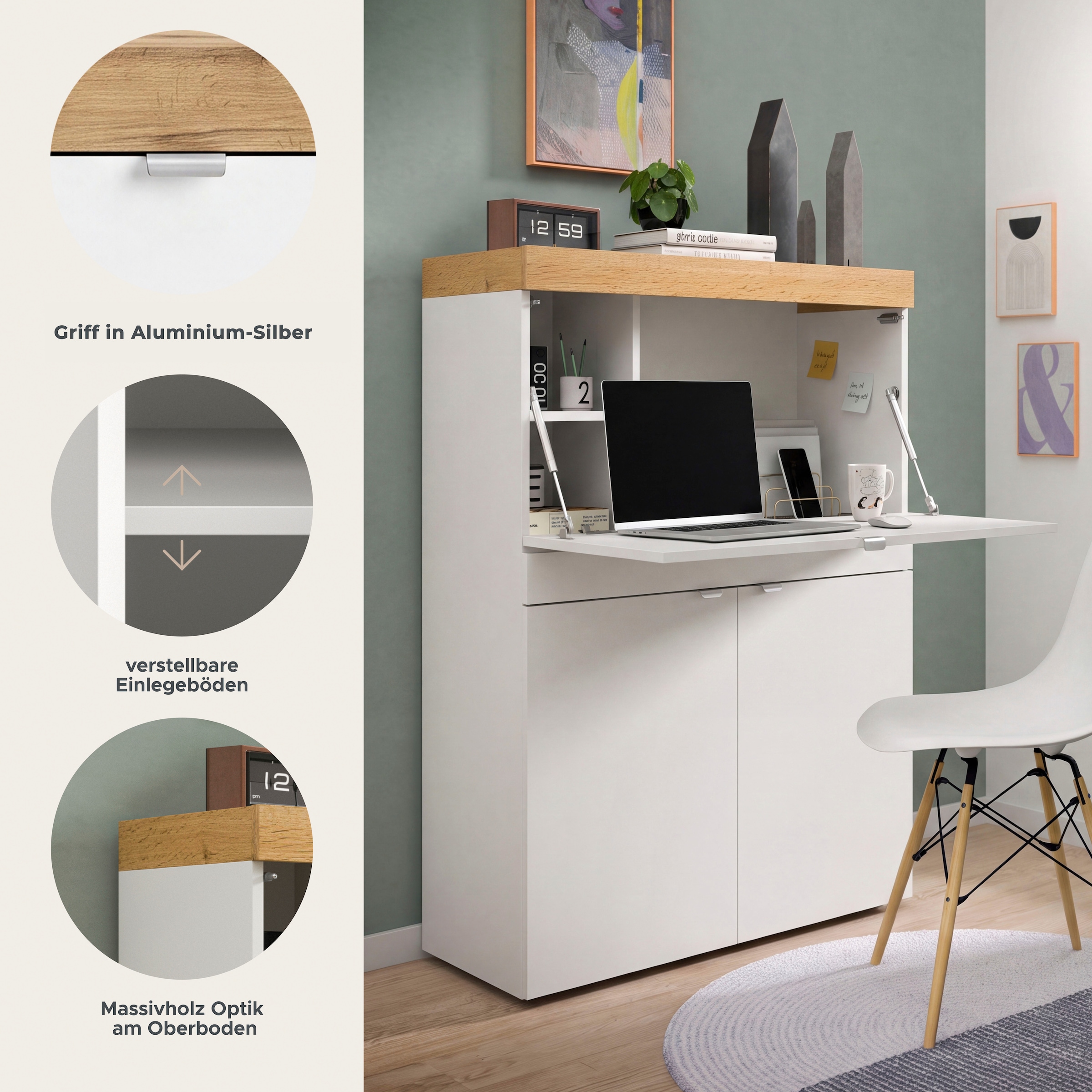 OTTO home Sekretär »MAMBO, Höhe 122cm, 2 Türen, 1 Schubkasten, 1 Klappe« Home-Office-Schreibtisch, PC-Schrank, Schreibtisch, Office