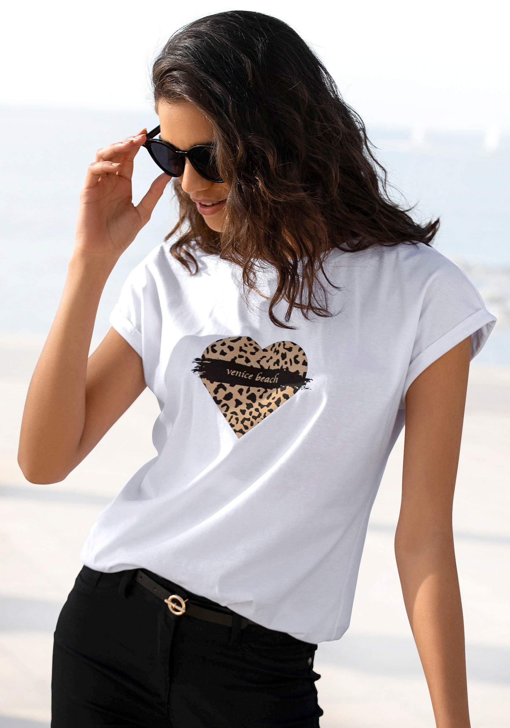 Passform Venice Baumwolle, Kurzarmshirt, Frontprint, lockere mit aus bei Beach ♕ T-Shirt