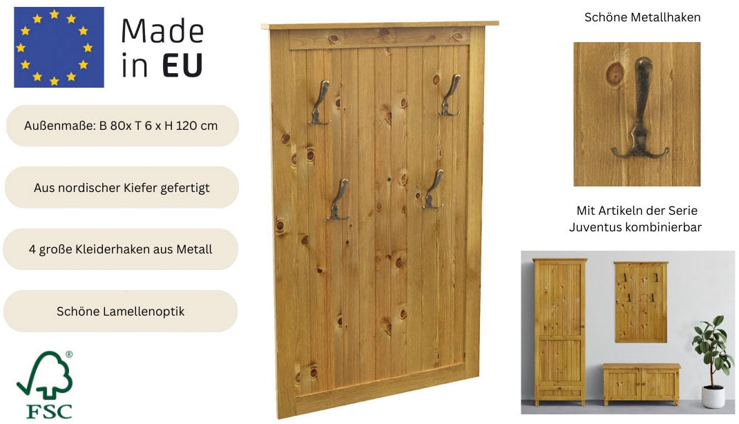 OTTO home Garderobenpaneel »Juventus« 1 Stk. tlg. aus massiver Kiefer, 4 Doppelhaken