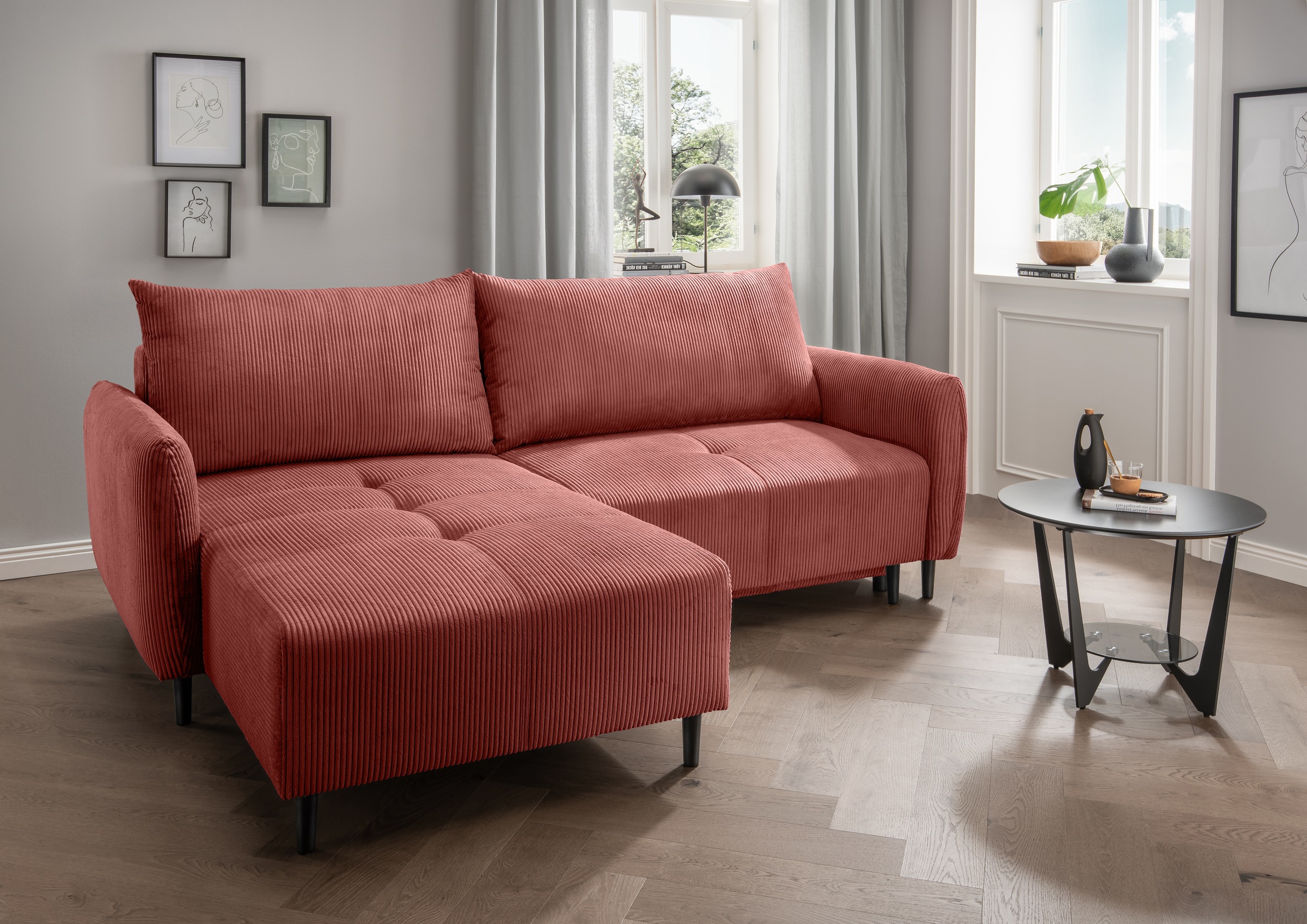INOSIGN Ecksofa »Mara, L-Form, aktueller Cord Bezug und tolle Farben, schmale Armlehnen«, whlw. mit Bettfunktion,Recamiere links/rechts montierbar, Breite 238cm