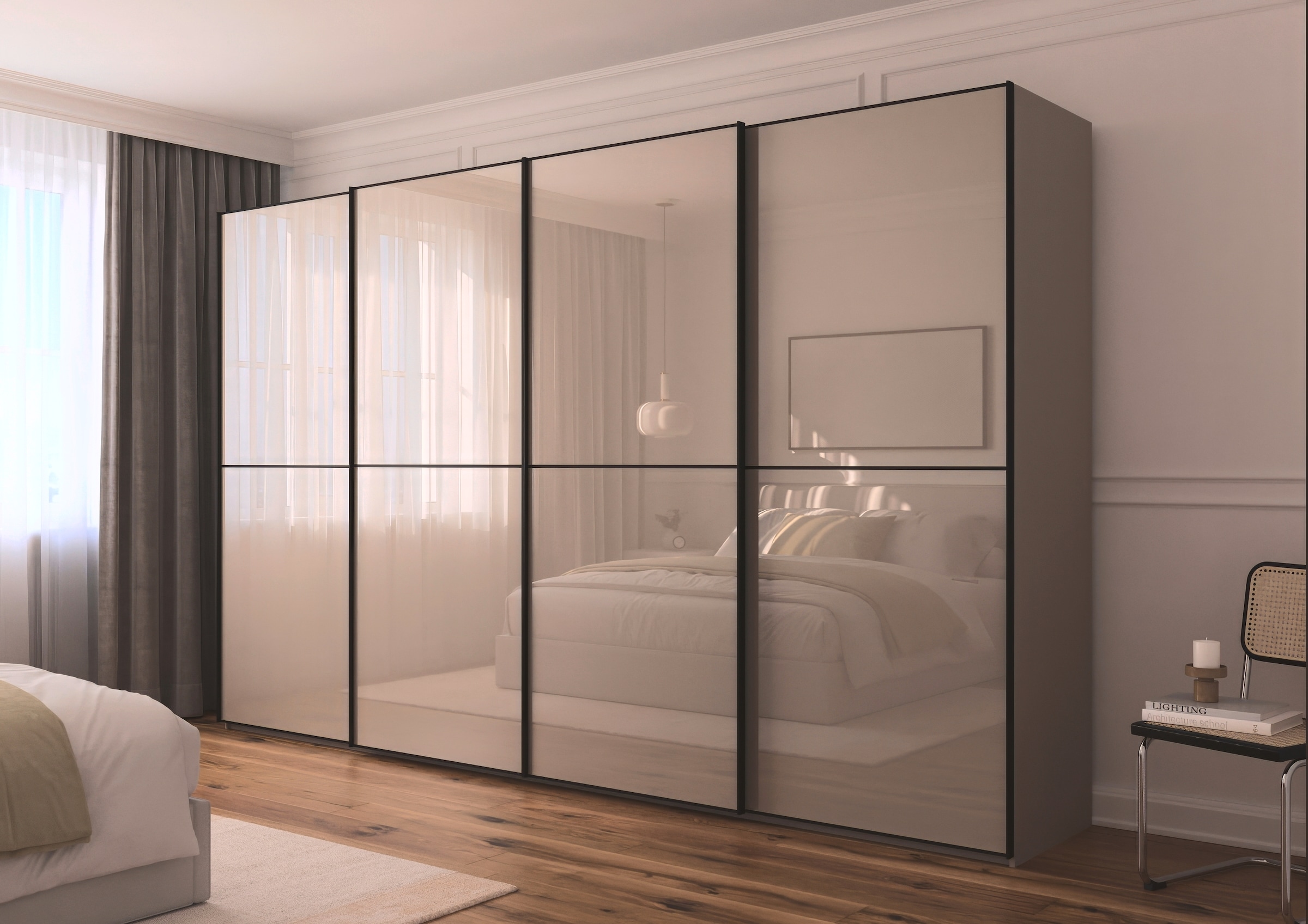 rauch Schwebetürenschrank »Kleiderschrank Schrank Garderobe Schlafzimmerschrank SCALE-DUO«, edle zweigeteilte Türen Glas-Front mit 3 Zierleisten MADE IN GERMANY