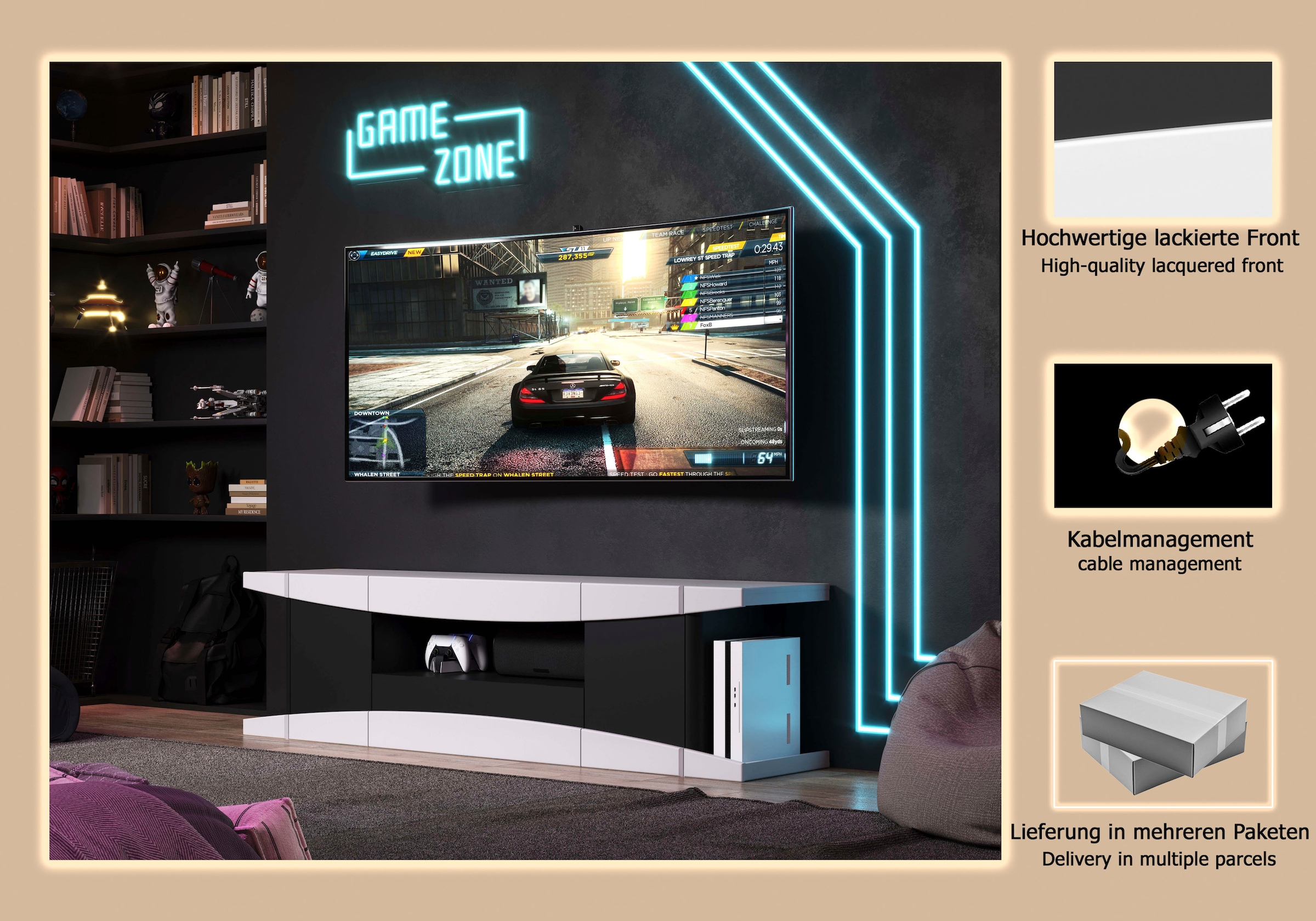 INOSIGN Lowboard »NextLevel speziell geeignet für Spielekonsolen«