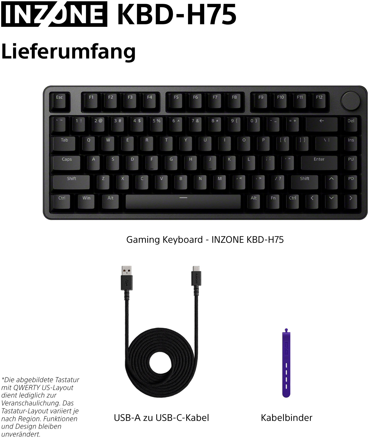 Sony Gaming-Tastatur »INZONE KBD-H75« (Fn-Tasten | USB-Anschluss | Windows-Sperrtaste) Magnetschalter, 75% TKL, 8000Hz Abtastrate, Gasket Mount, Alugehäuse