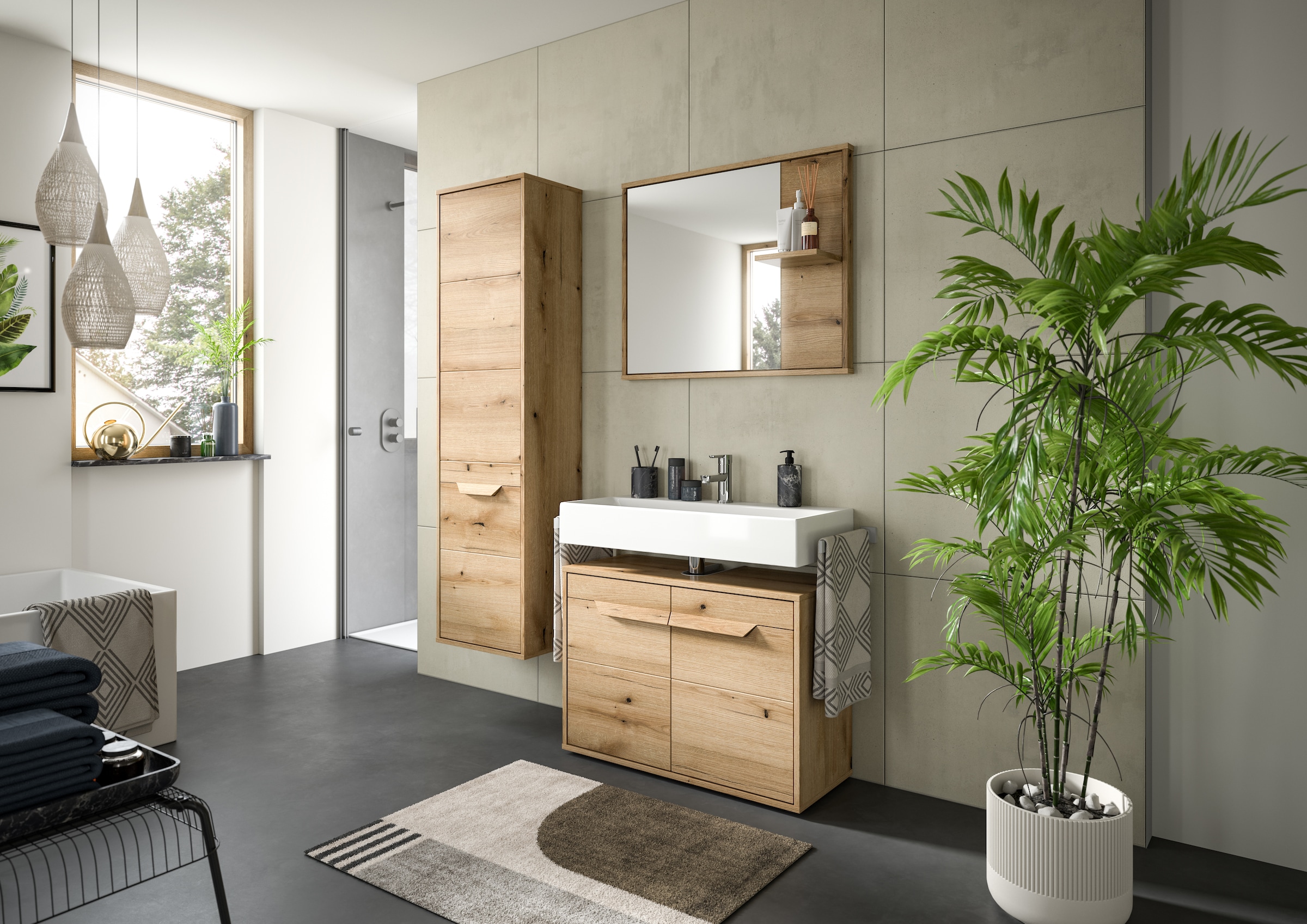 welltime Hochschrank »Kayu, Höhe 164 cm, stehend/hängend montierbar, 1 Tür, 4 Einlegeböden«, Türanschlag wechselbar, Badschrank, Bad-Möbel, Badezimmer, Bad